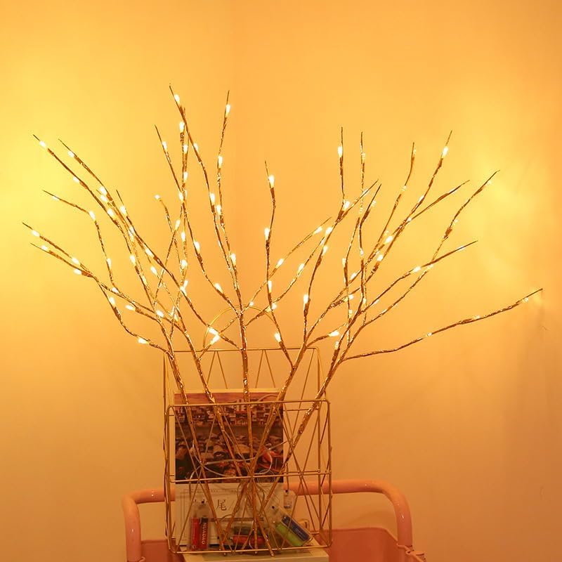 DK177 2 Pack Led Branch Light Battery Operated Lighted Branch Vase Filler Willow Tree Artificial Little Twig Power Golden 30 Inch 20 LED for Home Romantic Decoration (Gold-Warm White)