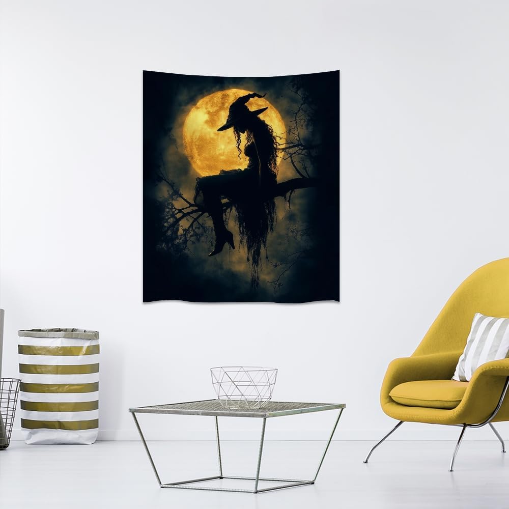 Halloween Witch Tapestry Wall Art Witchcore Moon Aesthetic Print Dark Academia Gothic Tapestries Wall Hanging Horror Ghost Halloween Party Decor for Home Living Room Bedroom 50x60inch