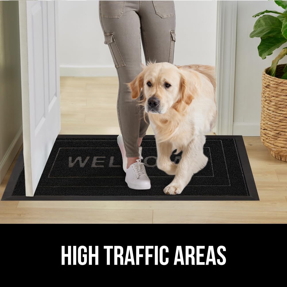GORILLA GRIP 100% Waterproof All-Season WeatherMax Doormat, US Designed Natural Rubber, Stain and Fade Resistant, Low Profile Indoor Outdoor Door Mats, Easy Clean Patio Mat, 17x29, Black Welcome