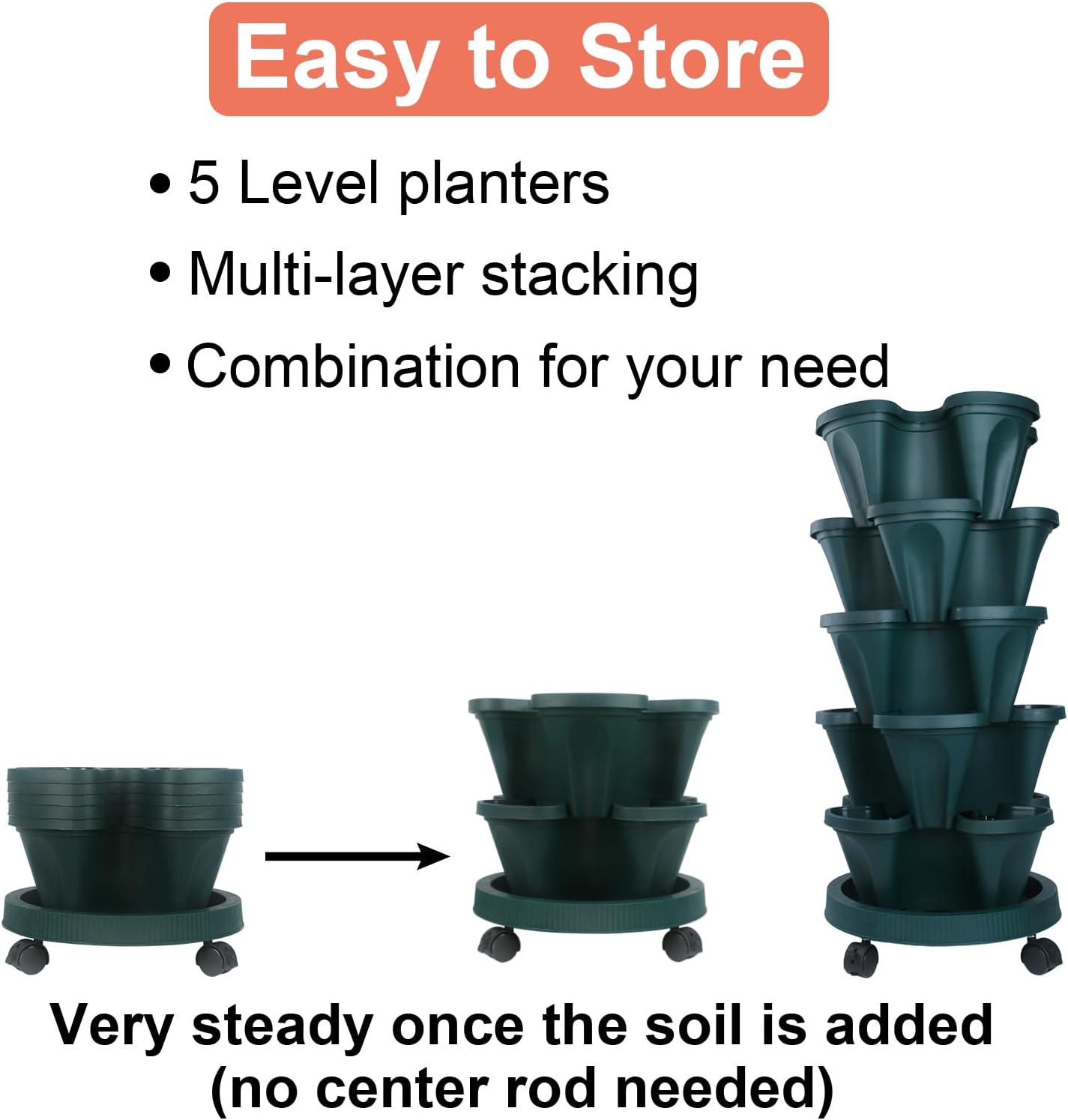 DUNCHATY Stackable Vertical Garden Planter with Wheels, 5 Tier Herb Planter Pots for Growing Vegetables and Succulents, Pine Green