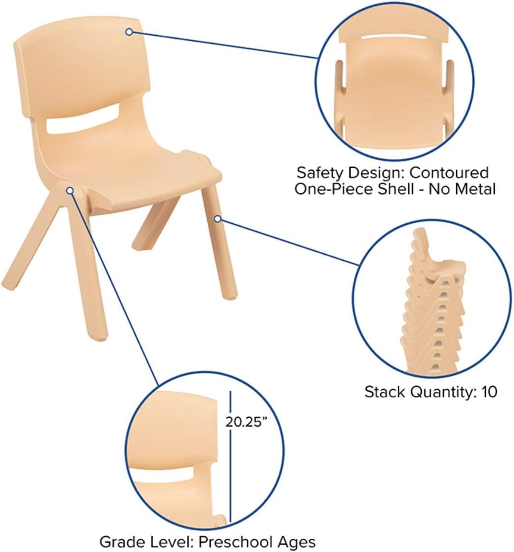 Flash Furniture Emmy Adjustable Classroom Activity Table with 6 Stackable Chairs, Plastic Activity Table for Kids, 23.625" W x 47.25" L, Natural