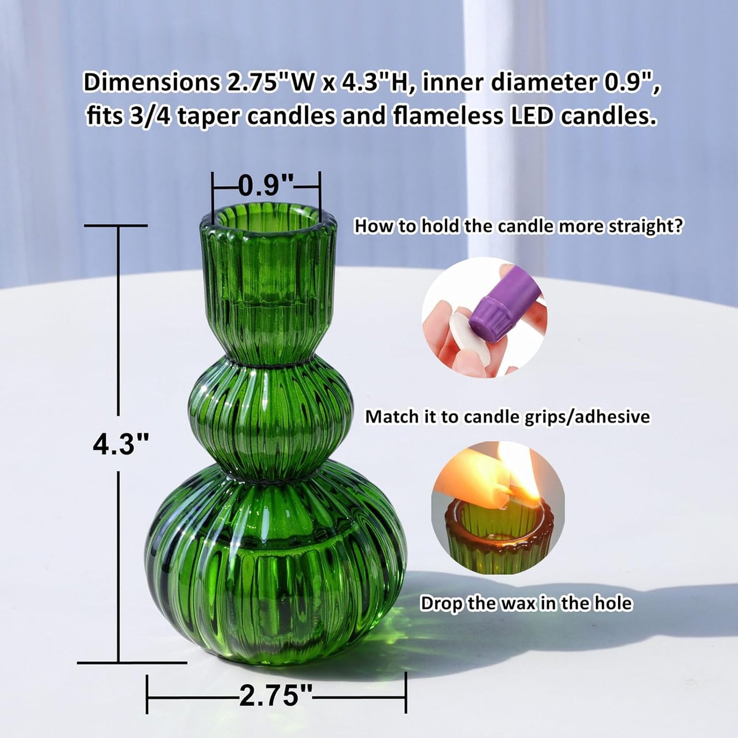 Green Ribbed Glass Taper Candle Holders, Set of 3, Table & Shelf Accent