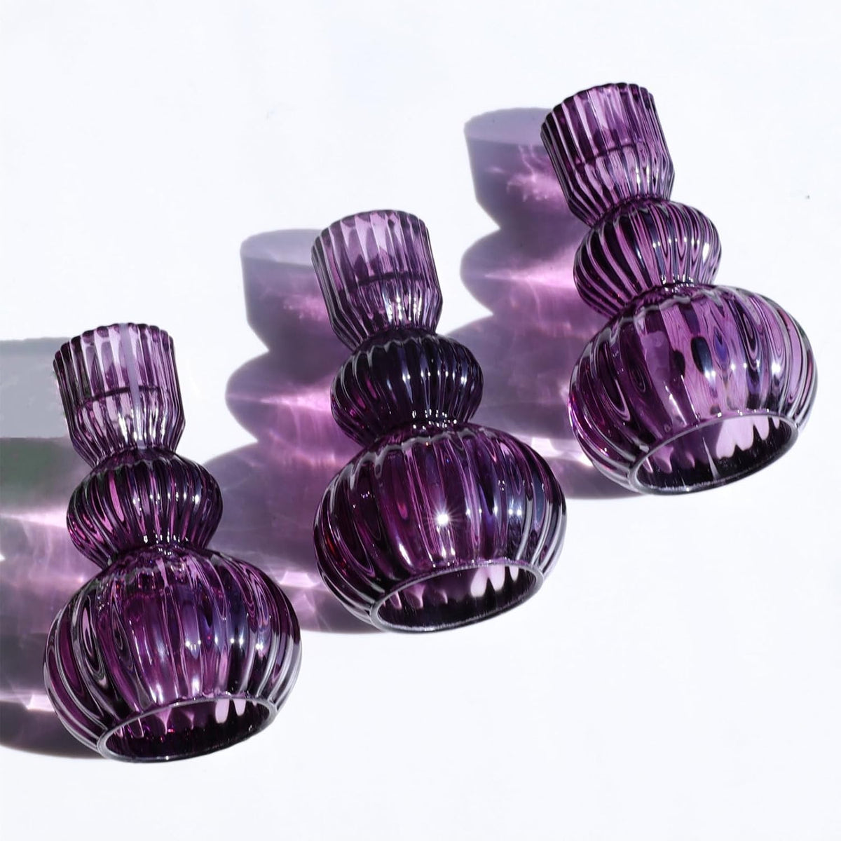 Set of 6 Purple Taper Candle Holders 4.3" H for Halloween Decorations, Vintage Ribbed Glass Candlestick Holders for Wedding Table Centerpiece, Candle Sticks Holder Decor for Holiday Home Decor