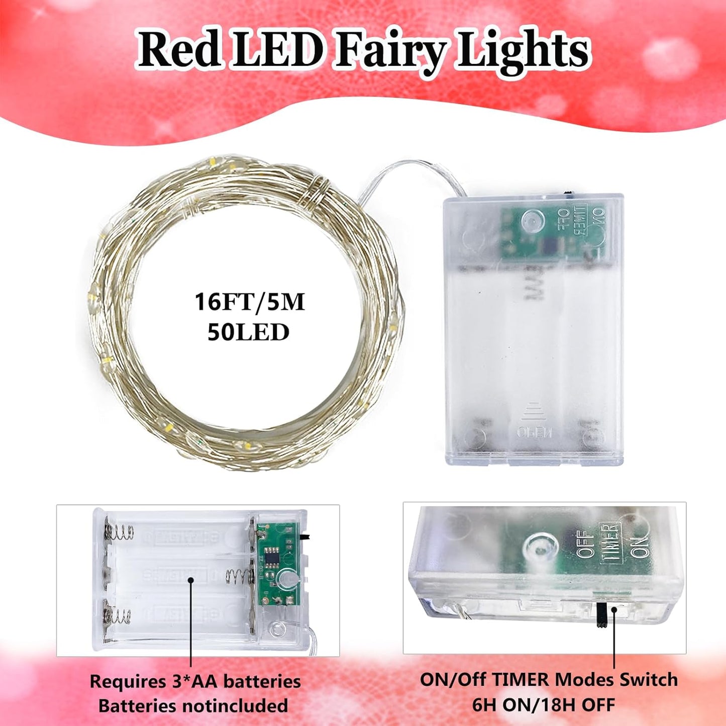 4-Pack Fairy Lights Battery Operated with Timer, 16FT 50 LED Waterproof Starry String Lights Outdoor Indoor Mini Cuttable Lights for Bedroom Home Wedding Christmas Halloween Parties Centerpiece (Red)