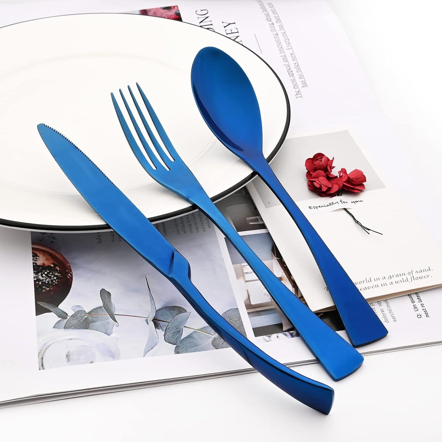 24-Piece Blue Flatware, Mirror 18/10 Stainless Steel Modern & Luxury Dinnerware Set With Serrated Steak Knife Teaspoon For Daily Use or Dinner Party Restaurant - Service For 4