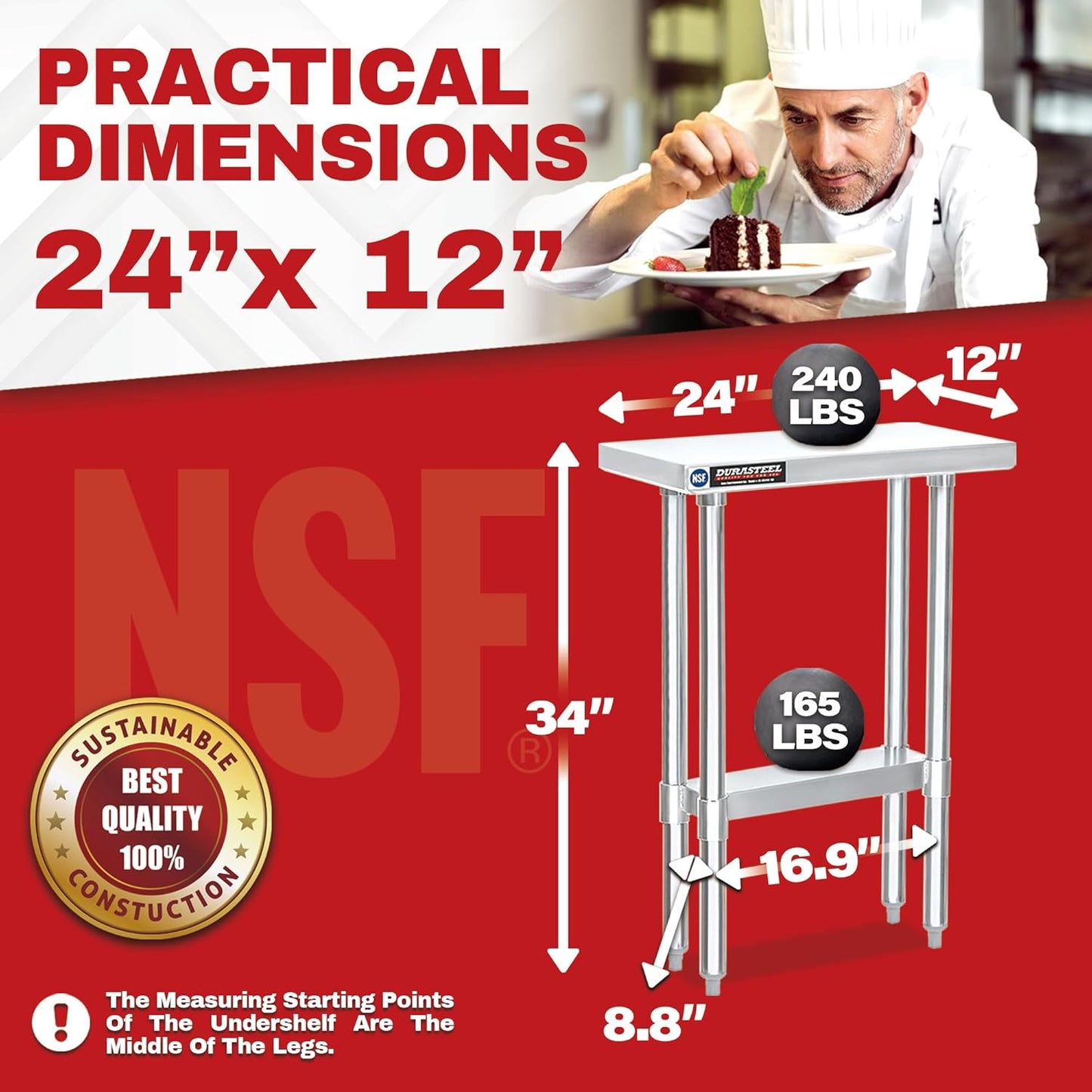 DuraSteel 24x12 Small Stainless Steel Table - NSF Metal Narrow Commercial Food Prep Side Worktable with Under Shelf - For Laundry Room, Kitchen, Outdoor Grill, Small Spaces