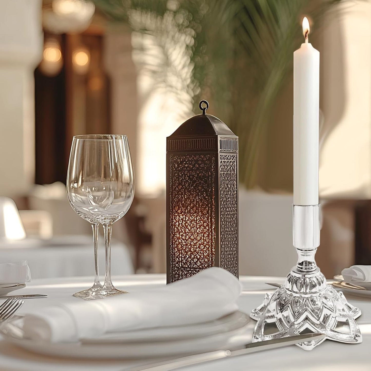 Elegant Silver Taper Candle Holder Set — Minimal Metal Candlestick Holders for Dining Table Centerpiece, Winter Candlelight Decor, Modern Mantel Styling