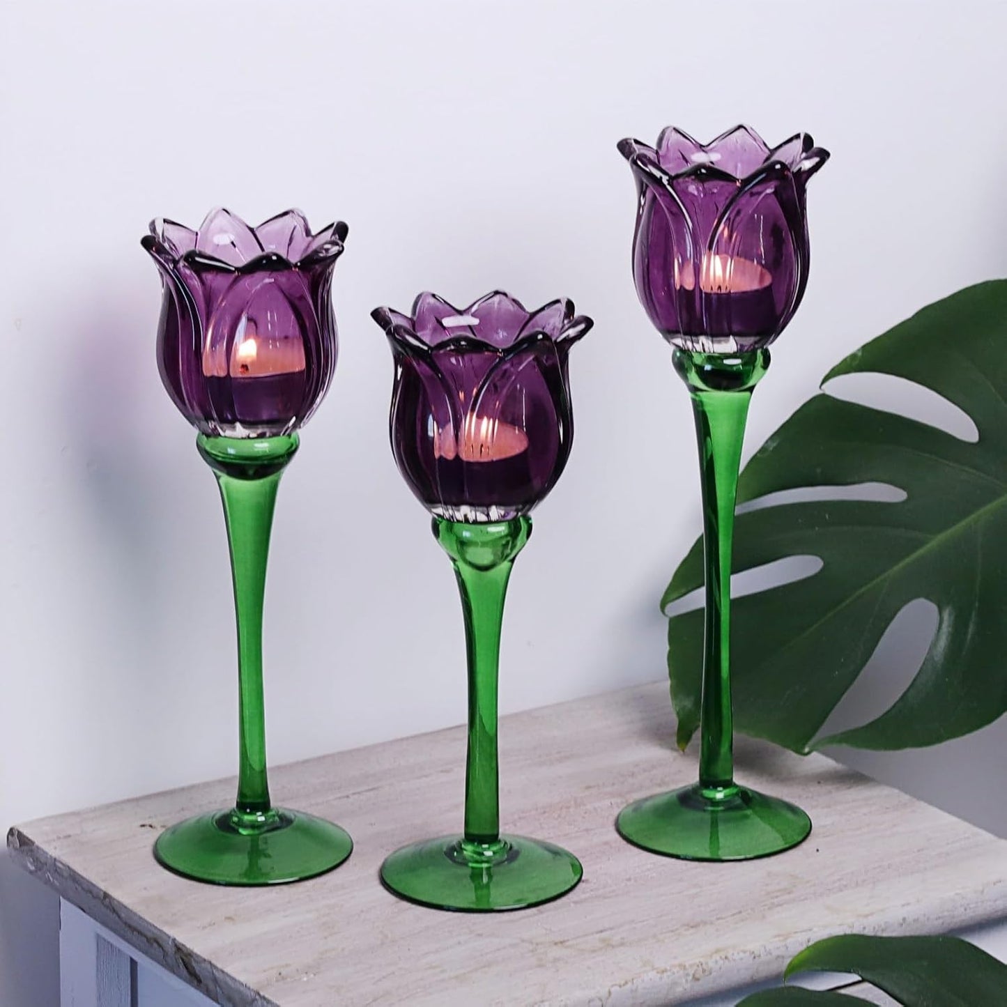 6pcs Purple Tulips Candle Holders Gifts for Halloween, Thanksgiving, Easter, Elegant Purple Tealight Candle Holder for Modern Room Decor, Glass Tulip-Like Tea Lights Holder Wedding Holiday Table