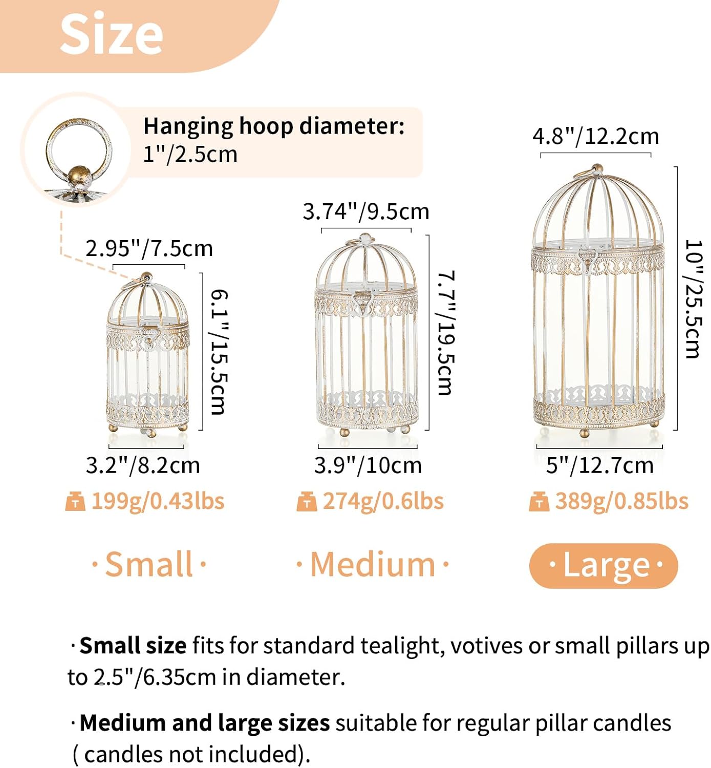 Decorative Bird Cage Lantern: 2 Set of 10 inch Tall Rustic White Birdcage Lanterns Centerpiece Vintage Decorating Metal Pillar Candle Holder for Christmas Bridal Shower Party Decor