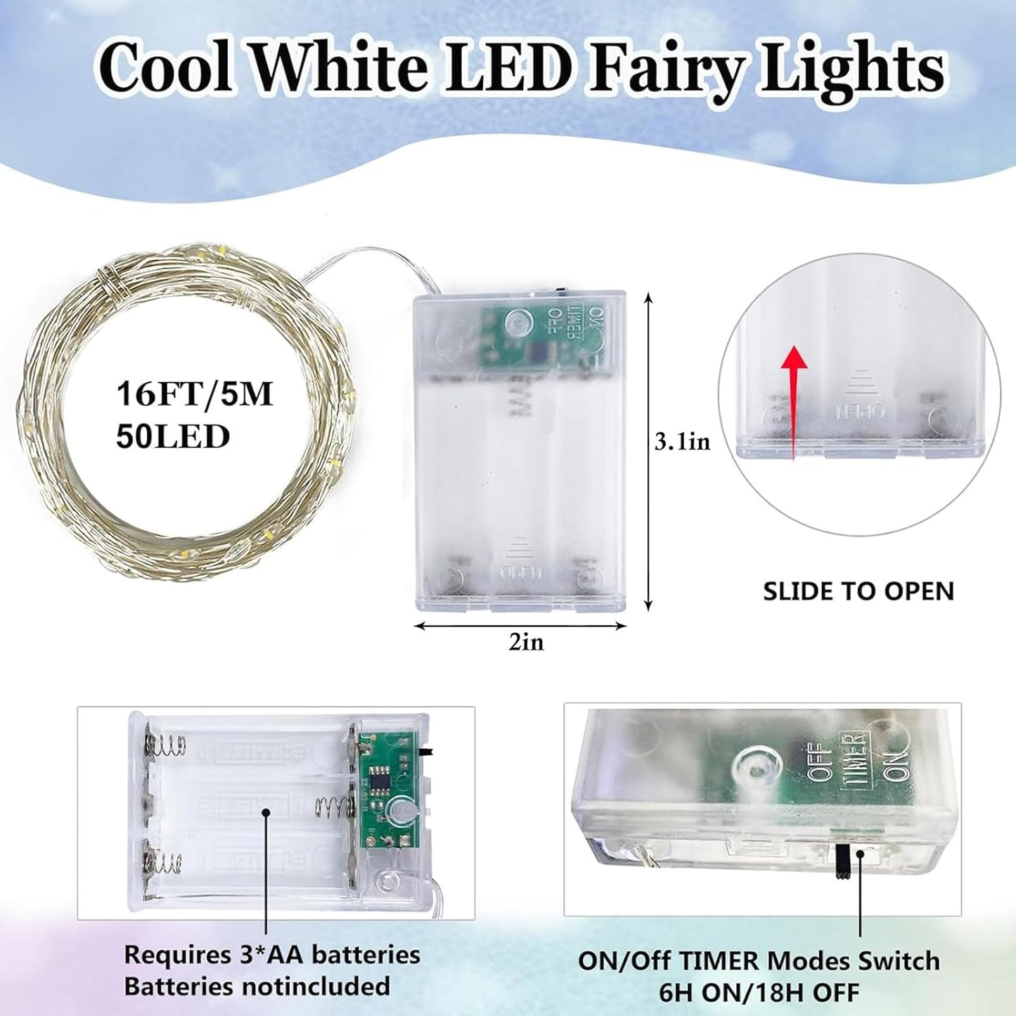 2-Pack Fairy Lights Battery Operated with Timer, Waterproof 16FT 50 LED String Lights Indoor Outdoor, Cuttable Starry Fairy Lights for Christmas Home Bedroom Wedding DIY Centerpiece Decor (Cool White)