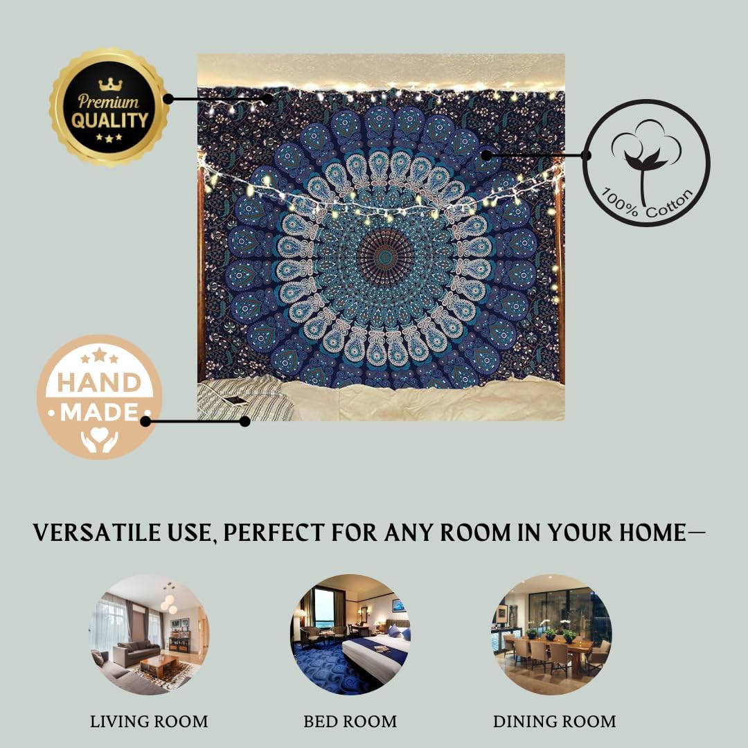 Bless International Handmade Indian hippie Bohemian Psychedelic Peacock Mandala Wall hanging College Dorm Beach Throws Table Cloth Bedding Tapestry (Floral Gold, Twin(54x72Inches)(140x185cms))