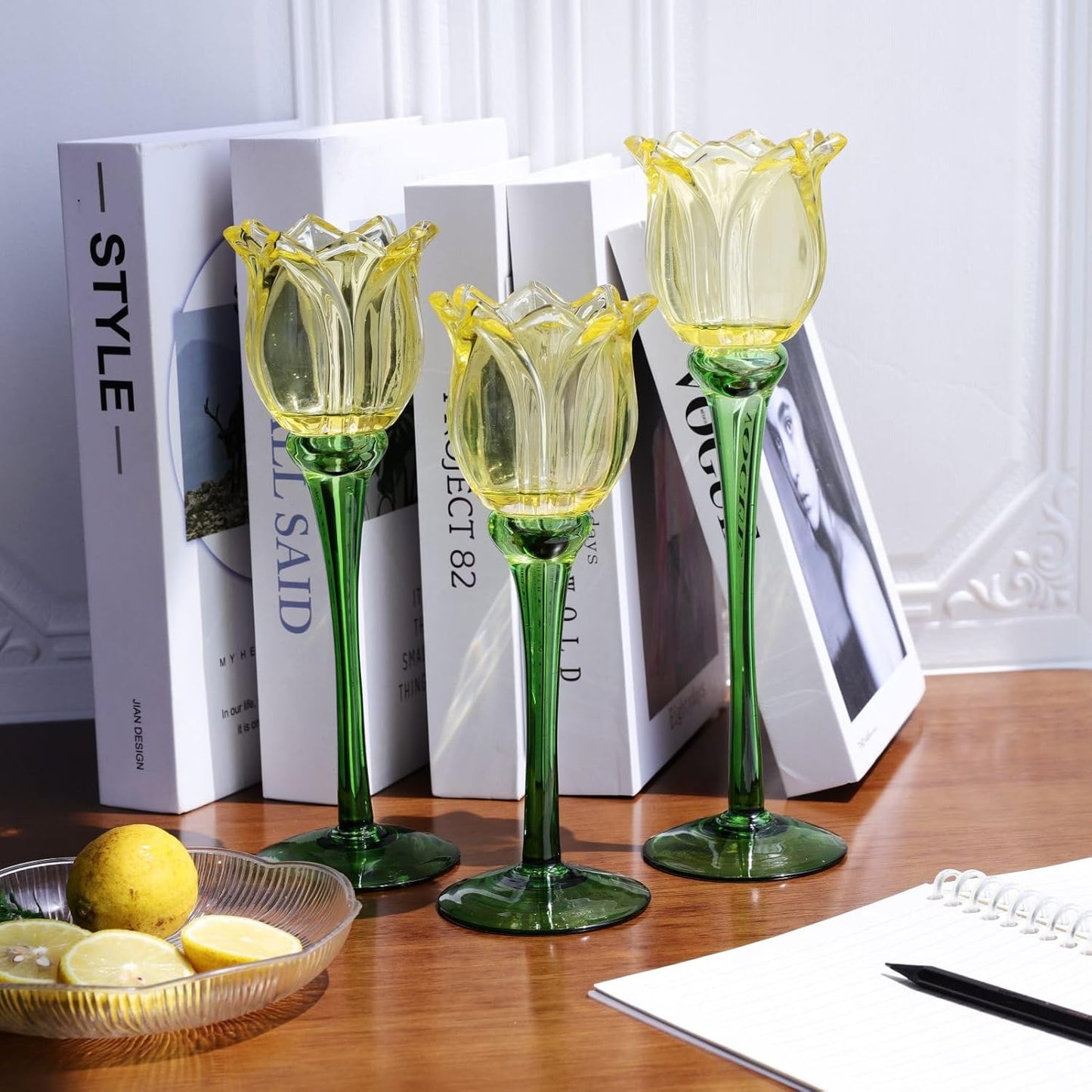 Yellow Tulip Glass Tealight Candle Holders Set of 3 — Spring Table Centerpiece Decor, Tall Tulip Candle Holders for Easter & Seasonal Styling