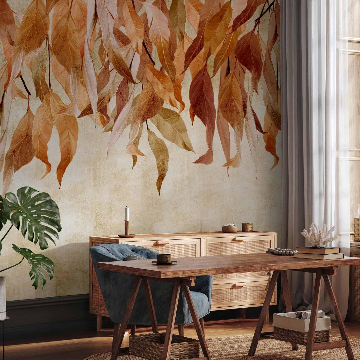 artgeist Wall Mural Hanging Leaves 193x138 in - Peel and Stick Self-Adhesive Wallpaper Removable Large Sticker Foil Wall Decor Print Picture Design Nature Botanical Concrete Orange b-C-10146-a-c