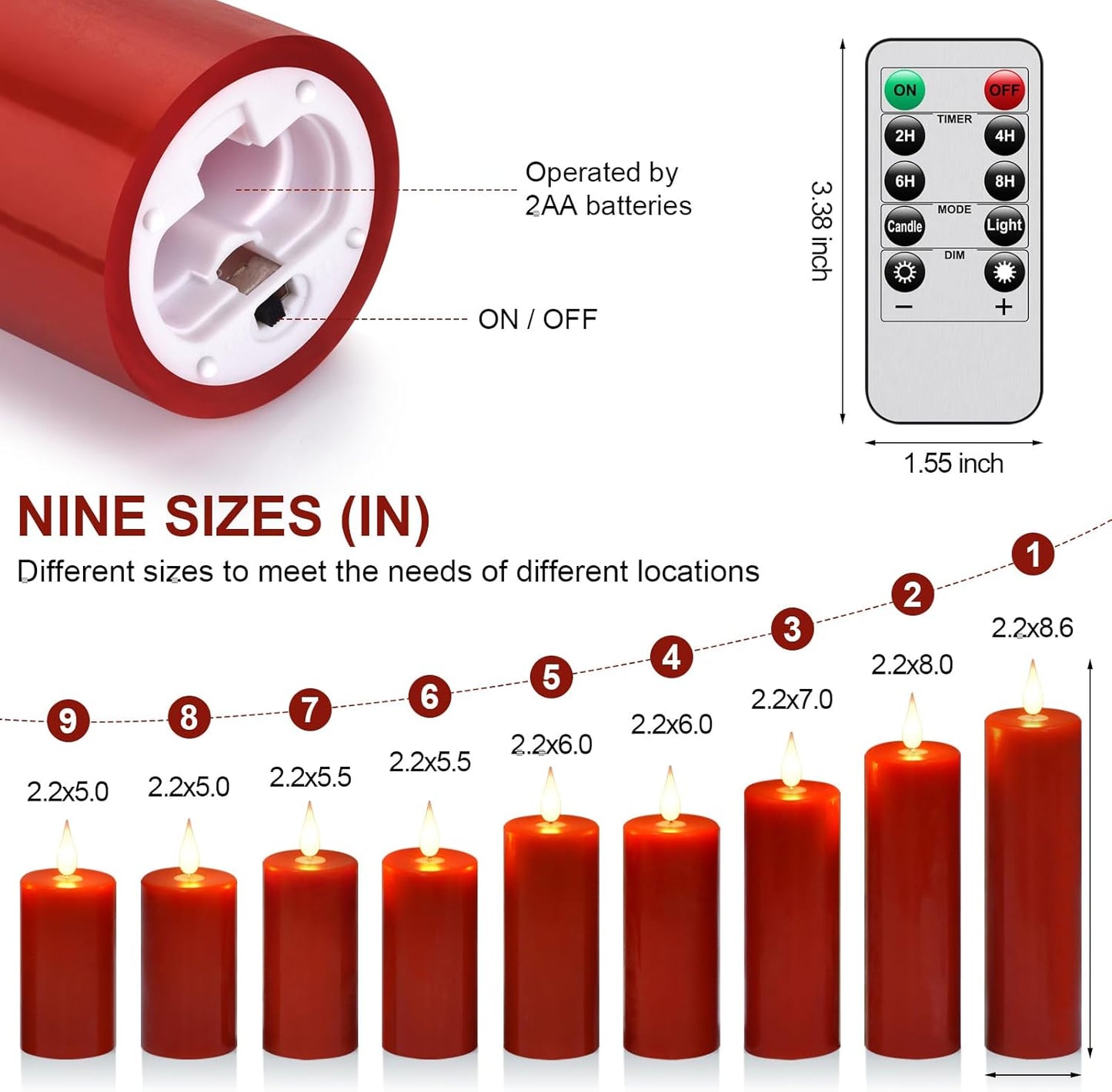 Flameless battery Operated LED candles 3D wick with10 key button remote control 24-hour timer Set of 9 electric flickering pillar real wax ApplyTo Party, Wedding,Dinner,gift and Home Decoration