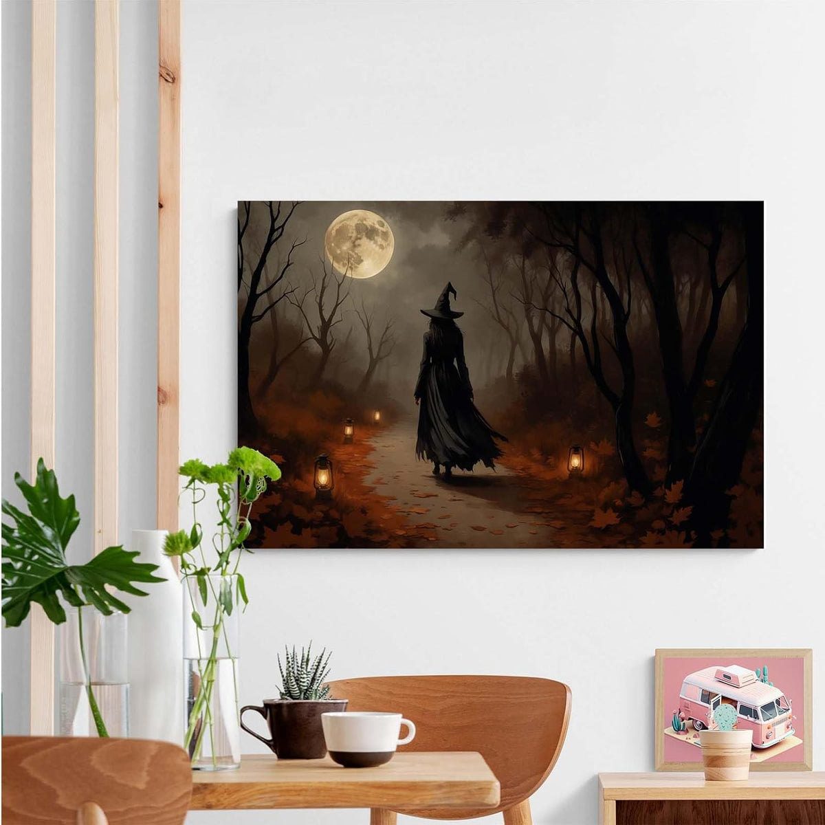 JFHCQJPK Moonlight witch poster dim lantern Halloween decoration Gothic style dark retro college style canvas wall art suitable for living room bedroom12x16in Frameless