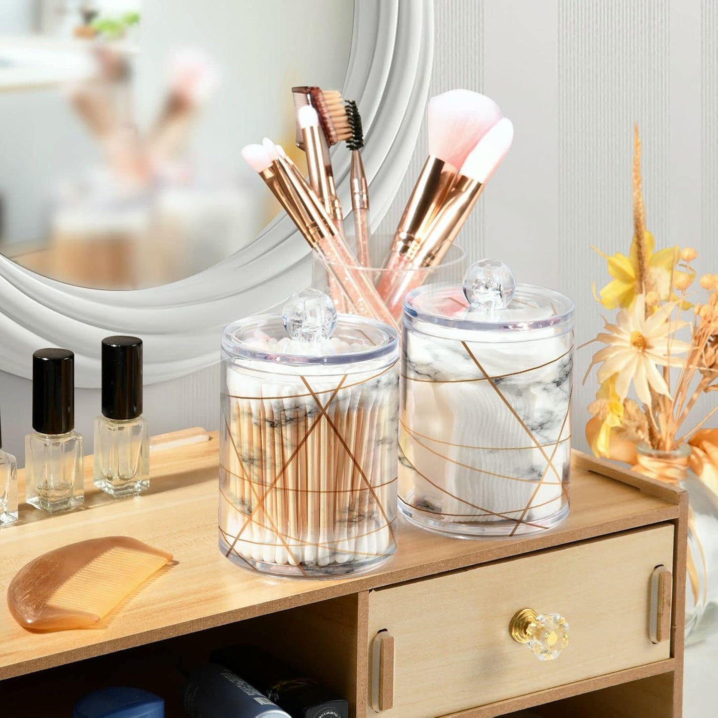 2 Pack Qtip Holder Dispenser White Marble Gold Line Bathroom Storage Canister Lid Acrylic Plastic Apothecary Jar Set Vanity Makeup Organizer for Cotton Swabs/Pads/Floss