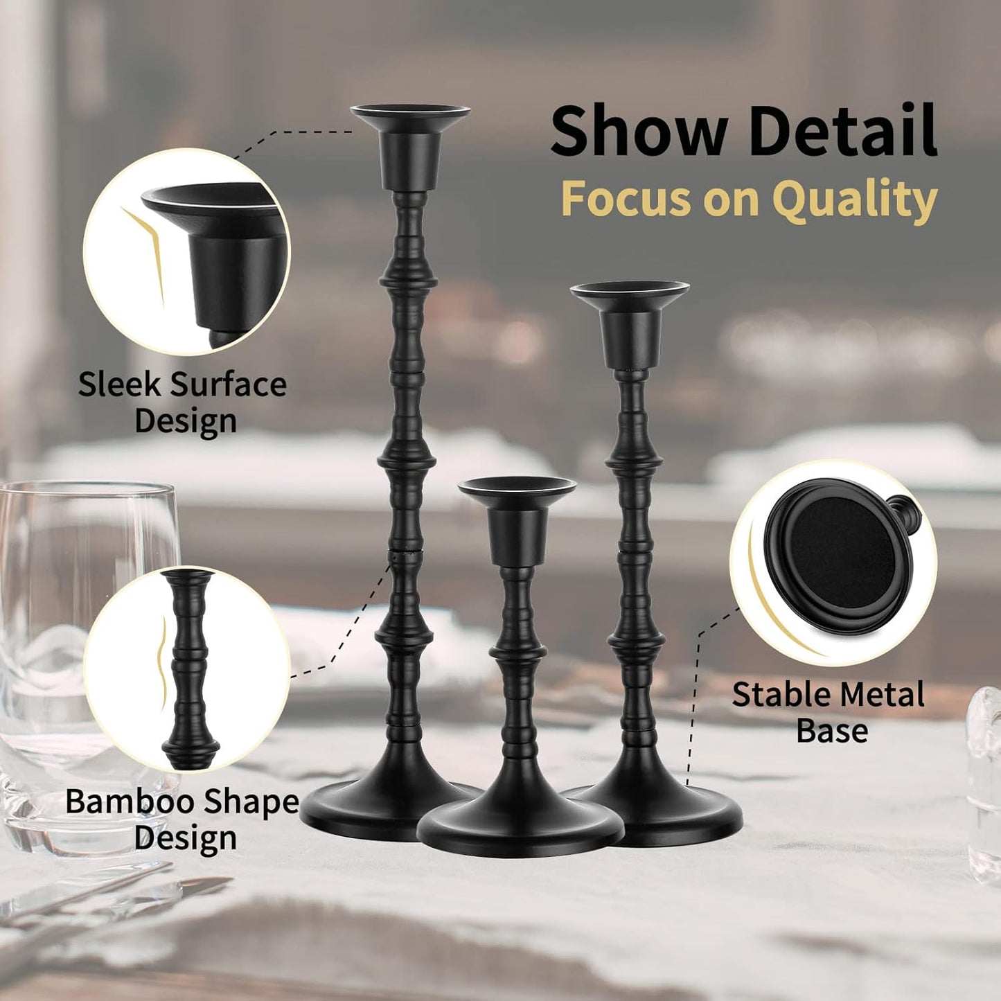 Black Candle Holder Set of 3 Gothic Candlestick Holders for Taper Candles Metal Candle Sticks Candleholders Table Centerpieces for Dining Room Wedding Home Halloween Farmhouse Fireplace