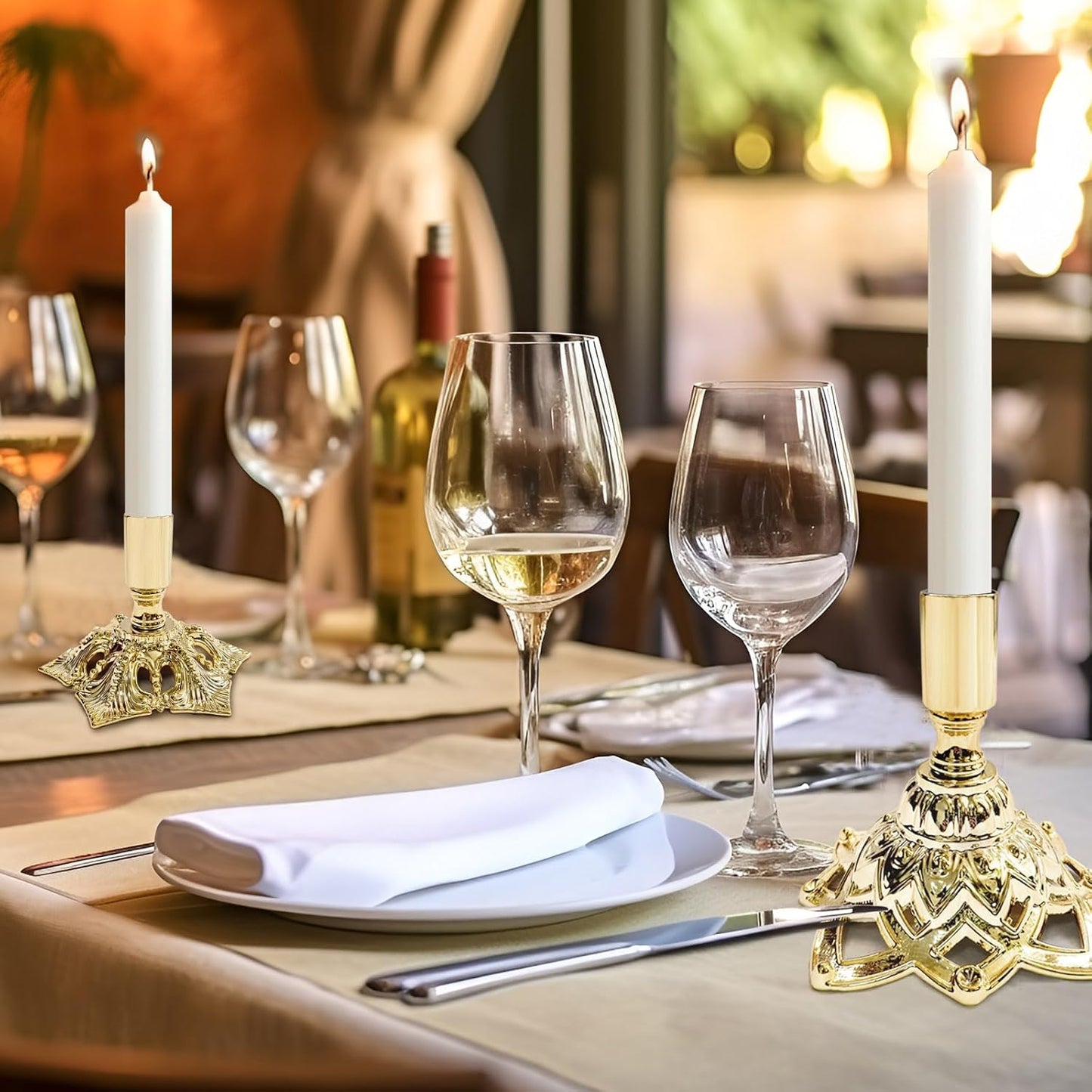 Elegant Gold Taper Candle Holder Set — Polished Metal Candlestick Holders for Dining Table Centerpiece, Winter Candlelight Decor, Modern Mantel Styling