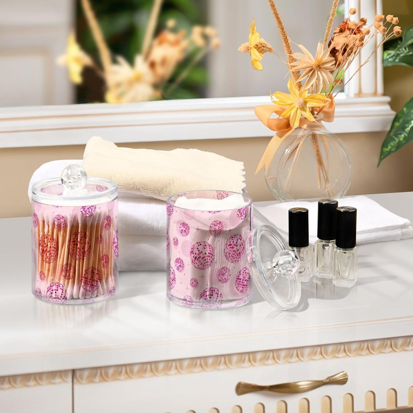 2 Pack Qtip Holder Organizer Dispenser Disco Balls Pink Bathroom Storage Canister Cotton Ball Holder Container for Cotton Pads/Swabs/Floss