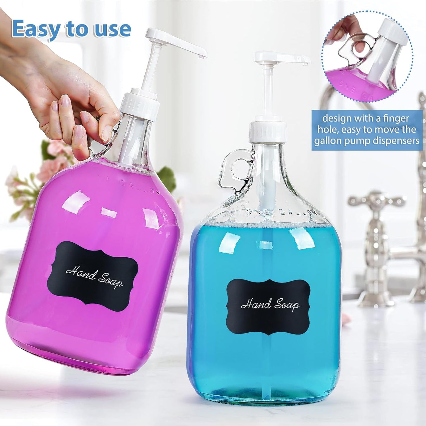 2 Pack Gallon Glass Pump Bottle Dispensers with 3 Pumps and 2 Airtight Lids, Laundry Soap Dispensers with 1 Funnel, Liquid Laundry Detergent Dispensers for Fabric Softener, Shampoo, Body Wash