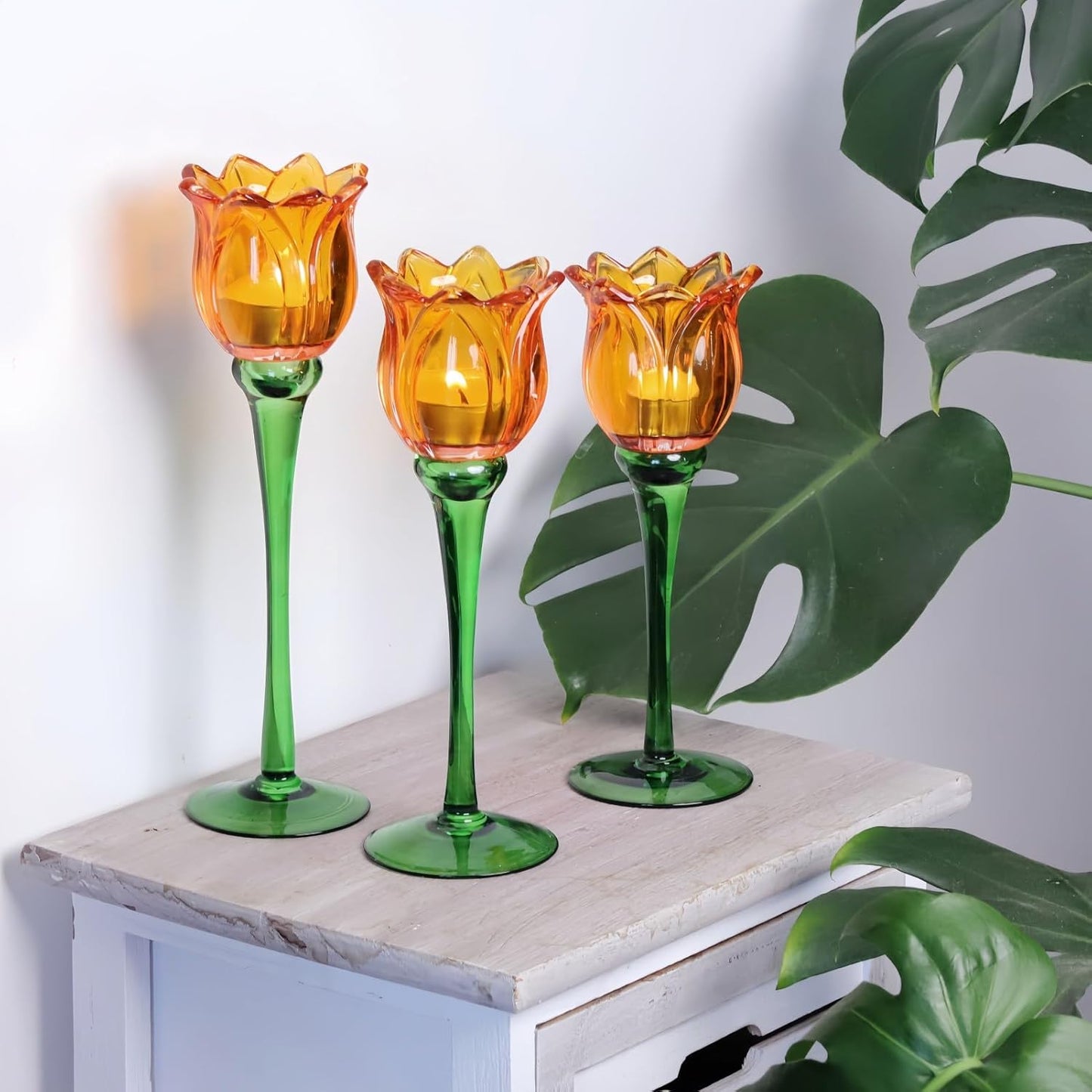 Orange Tulip Glass Votive Candle Holders, Sculptural Table Accent (Set of 3)
