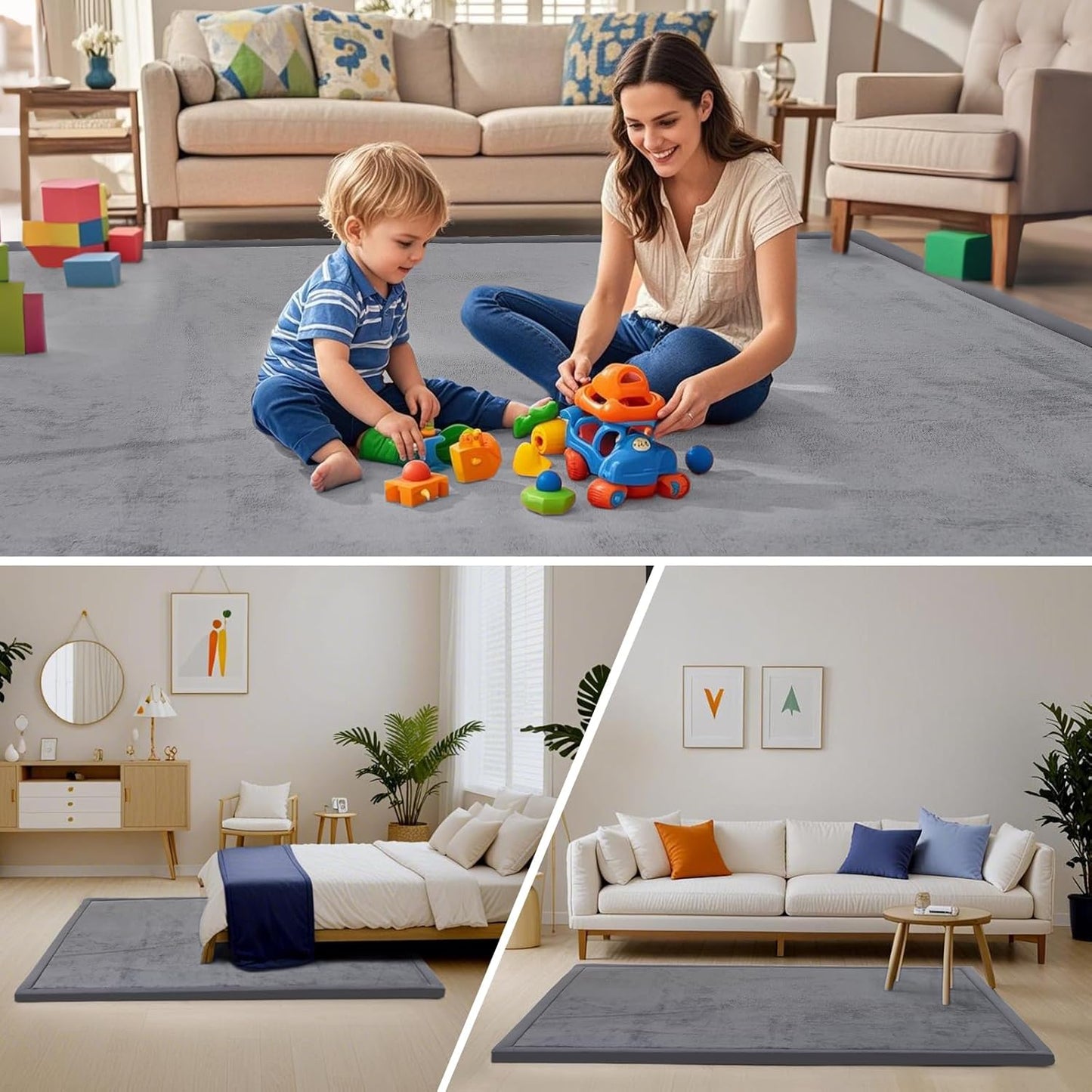 ACOMOPACK Baby Play Mat for Floor,1.3" Thick Memory Foam Area Rug for Living Room,Soft Velvet Crawling with Non-Slip Bottom for Kid,Toddler,71"×79" Tummy Time Nursery Rugs,Yoga(Dark Grey)