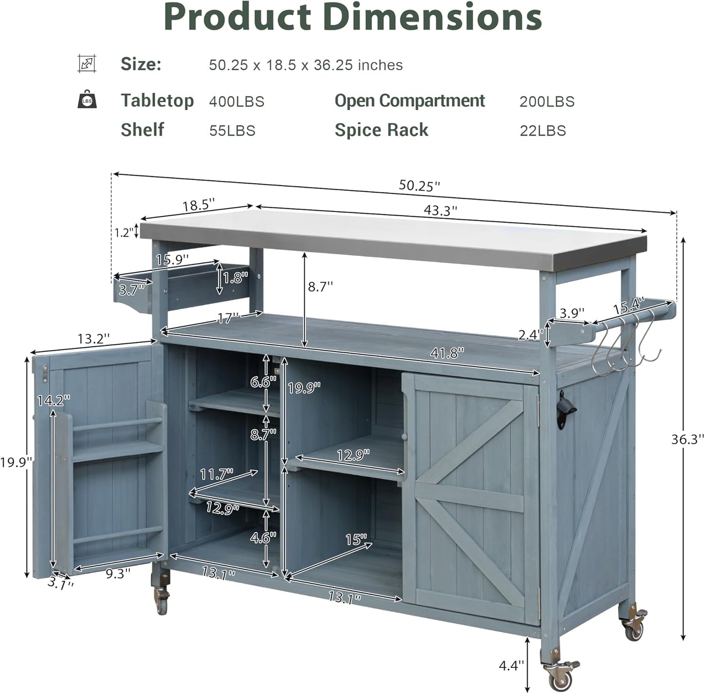 50.25" Outdoor Kitchen Island with Rolling Bar Cart & Storage Cabinet, Farmhouse Solid Wood Grill Table with Stainless Steel Top, Spice Rack & Towel Rack for Kitchen & BBQ (Grey Blue)