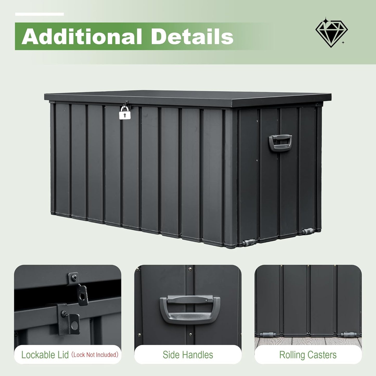 Domi 200 Gallon Deck Box, Outdoor Metal Lockable Storage Cabinet, Waterproof Steel Outdoor Bench with Lockable Lid, Side Handles & Rolling Casters for Outside Cushions, Pillows, Garden Tools, Grey