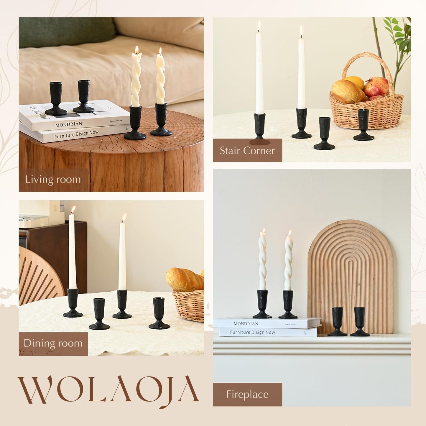 Vintage Black Iron Taper Candle Holders – Set of 4, Minimal Table Décor