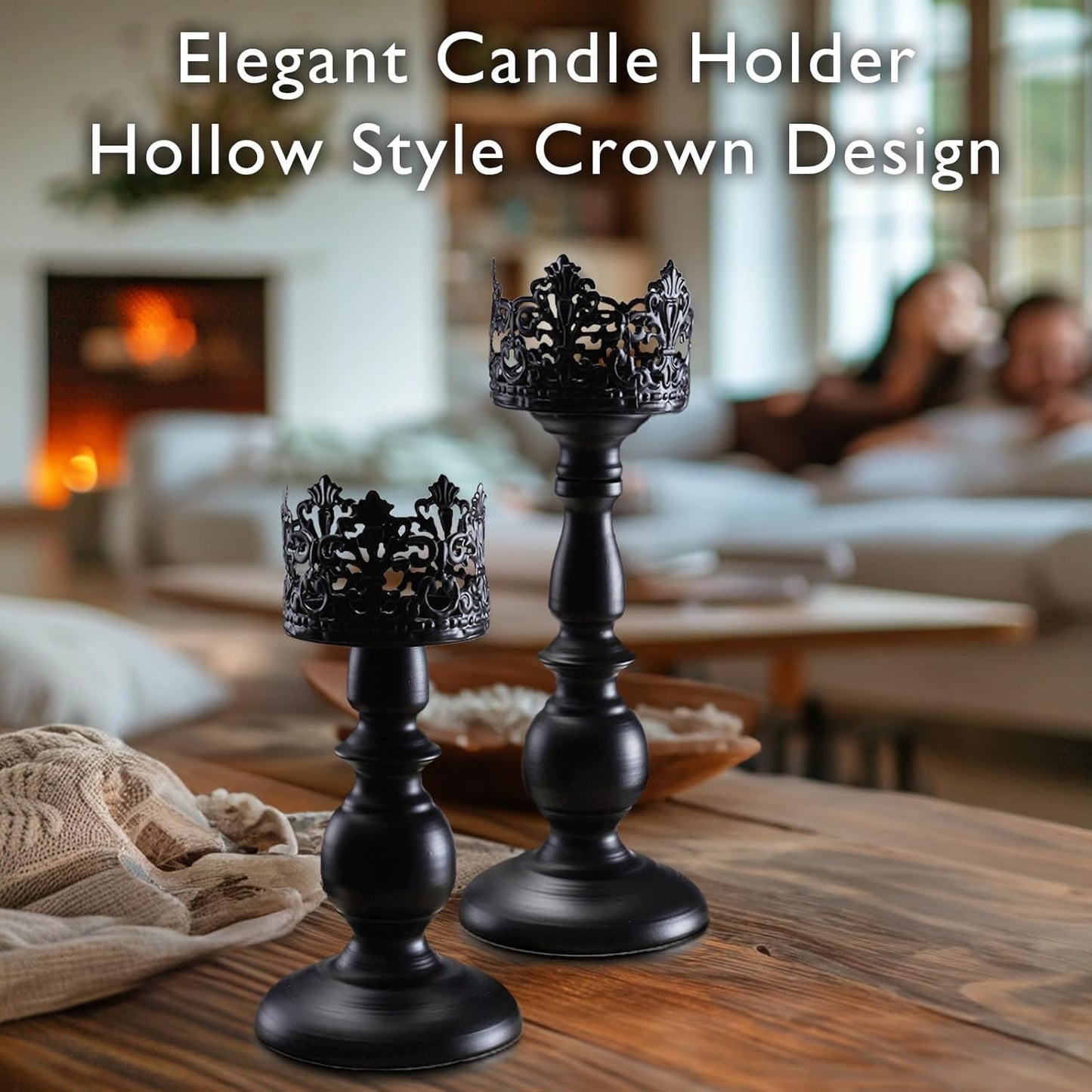 Gothic Black Pillar Candle Holders (Set of 2) – Vintage Metal Stand for Halloween Decor