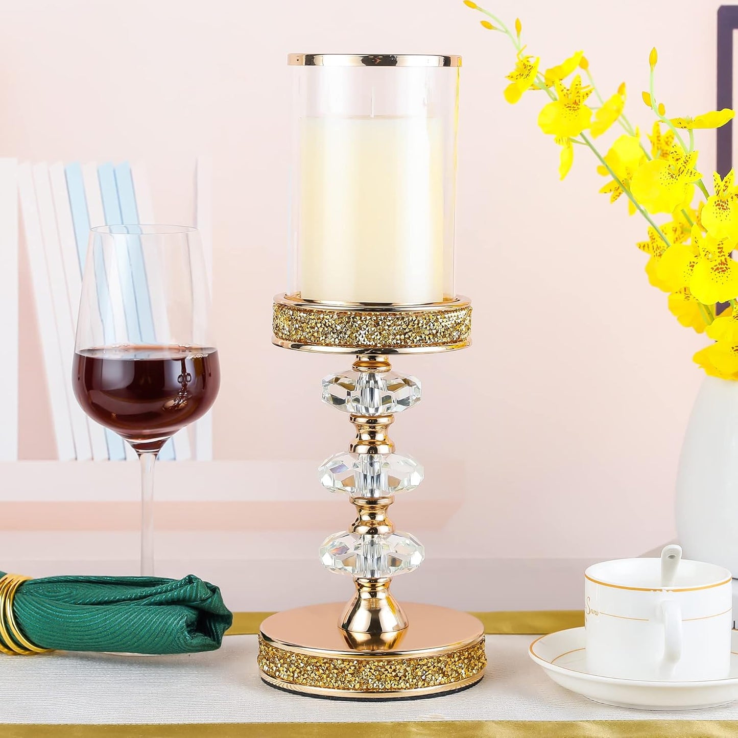 Crystal Pillar Candle Holder with Glass Shade, Gold Metal Base (L)