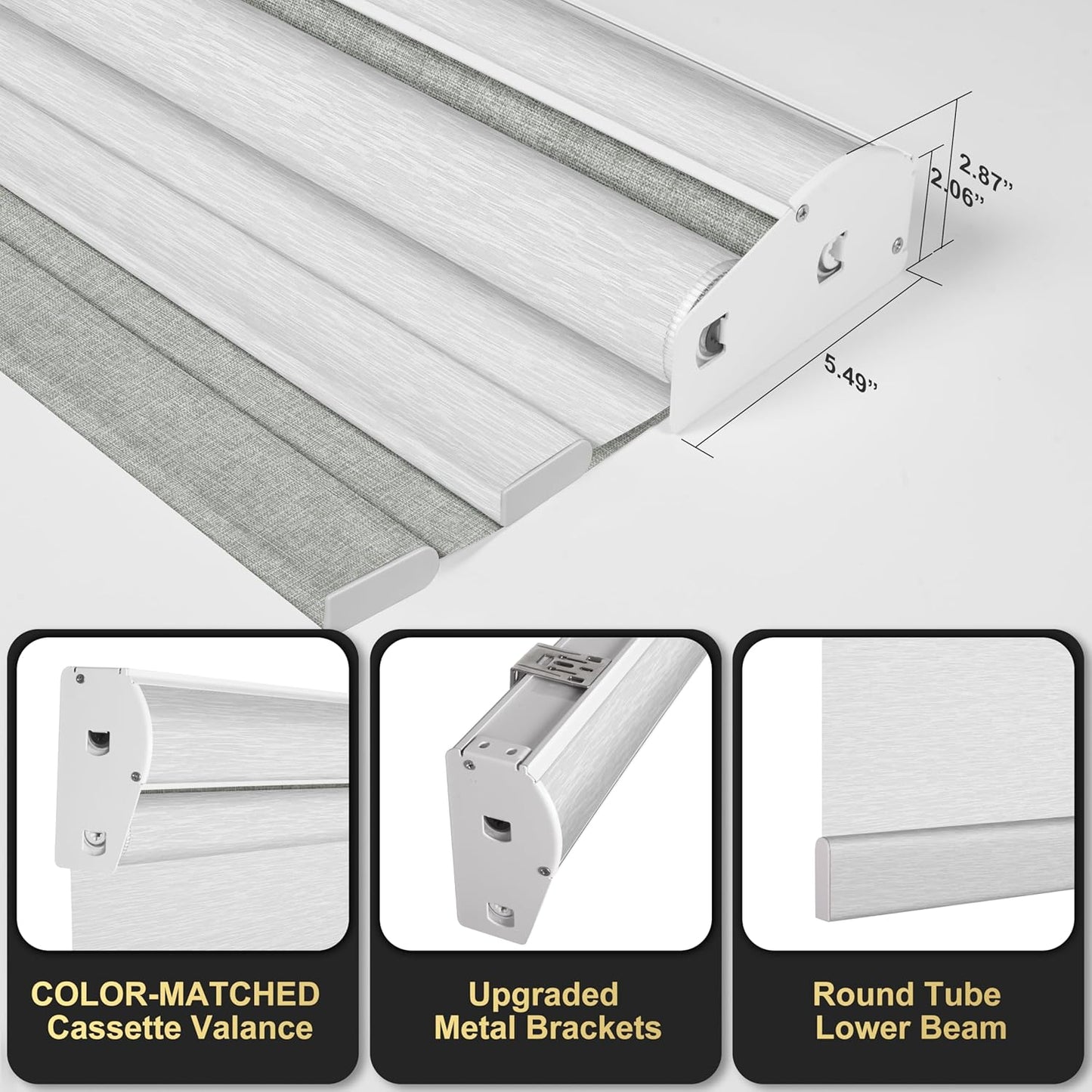 BERISSA Cordless Double Roller Shades with Cassette Valance - Blackout and Light Filtering Shades, Day and Night for Home Office or Door - Linen Grey and White - 46 W x 56" H