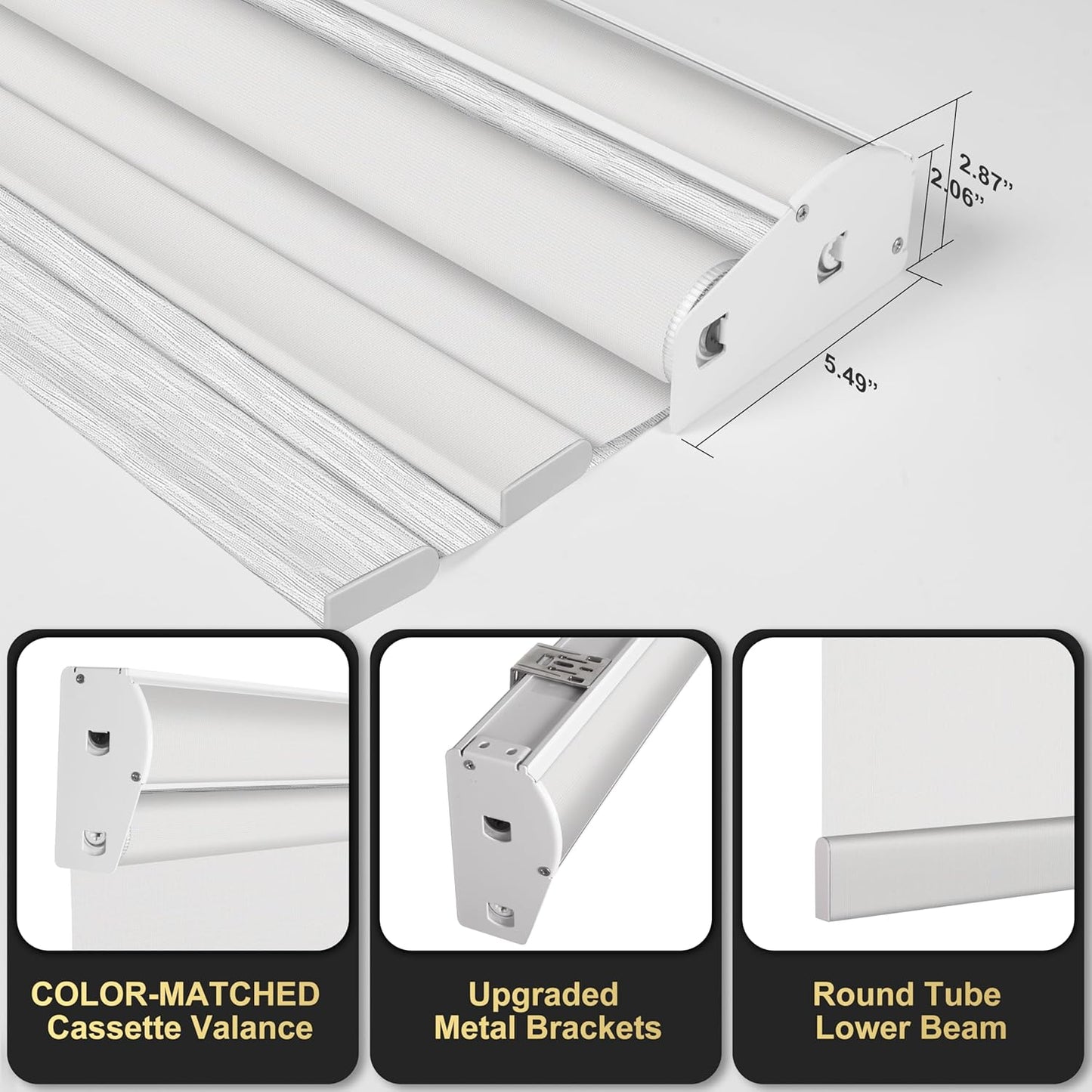 BERISSA Cordless Dual Roller Shades with Cassette Valance, Double Window Shades Blackout and 5% Light Filtering, Day and Night Shades for Home Office. White. Custom Sizes