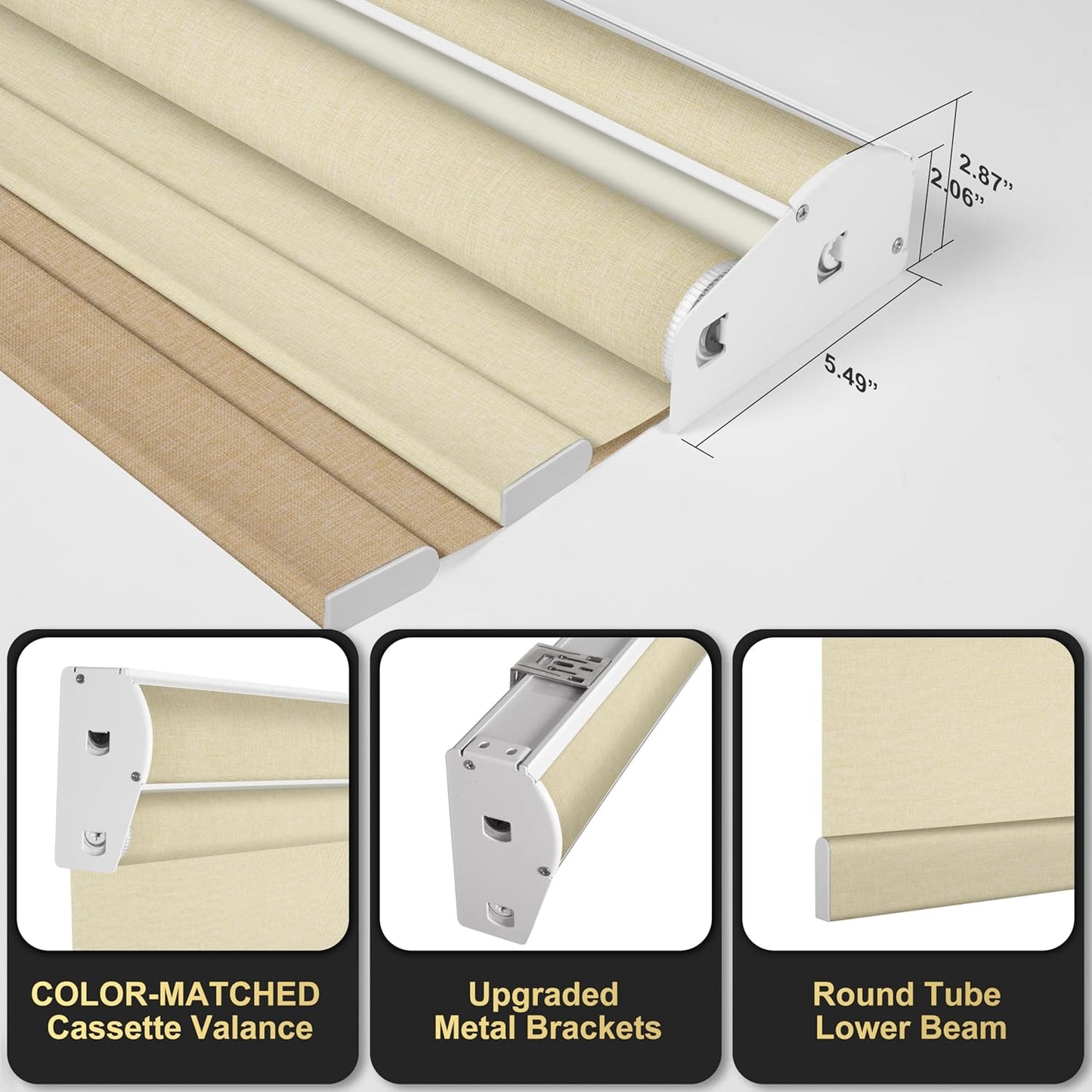 BERISSA Cordless Double Roller Shades with Cassette Valance - Blackout and Light Filtering Shades, Day and Night for Home Office Door. Linen Beige. 31 W x 64" H