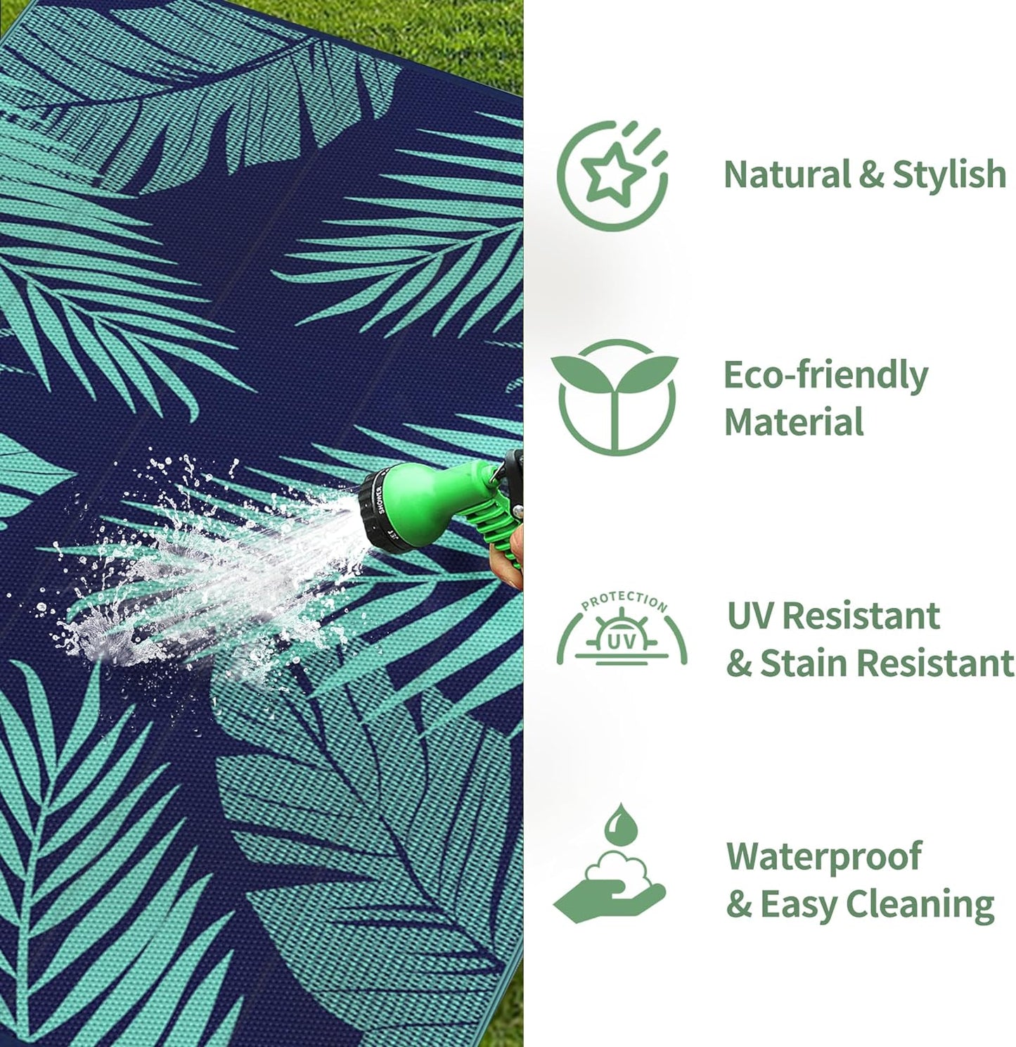 GENIMO Outdoor Rug 5' x 8' Waterproof for Patios Clearance, Reversible Outdoor Plastic Straw Camping Rug Carpet, Large Area Rugs Mats for RV, Camper, Deck, Balcony, Porch, Beach, Navy Blue&Jade Green