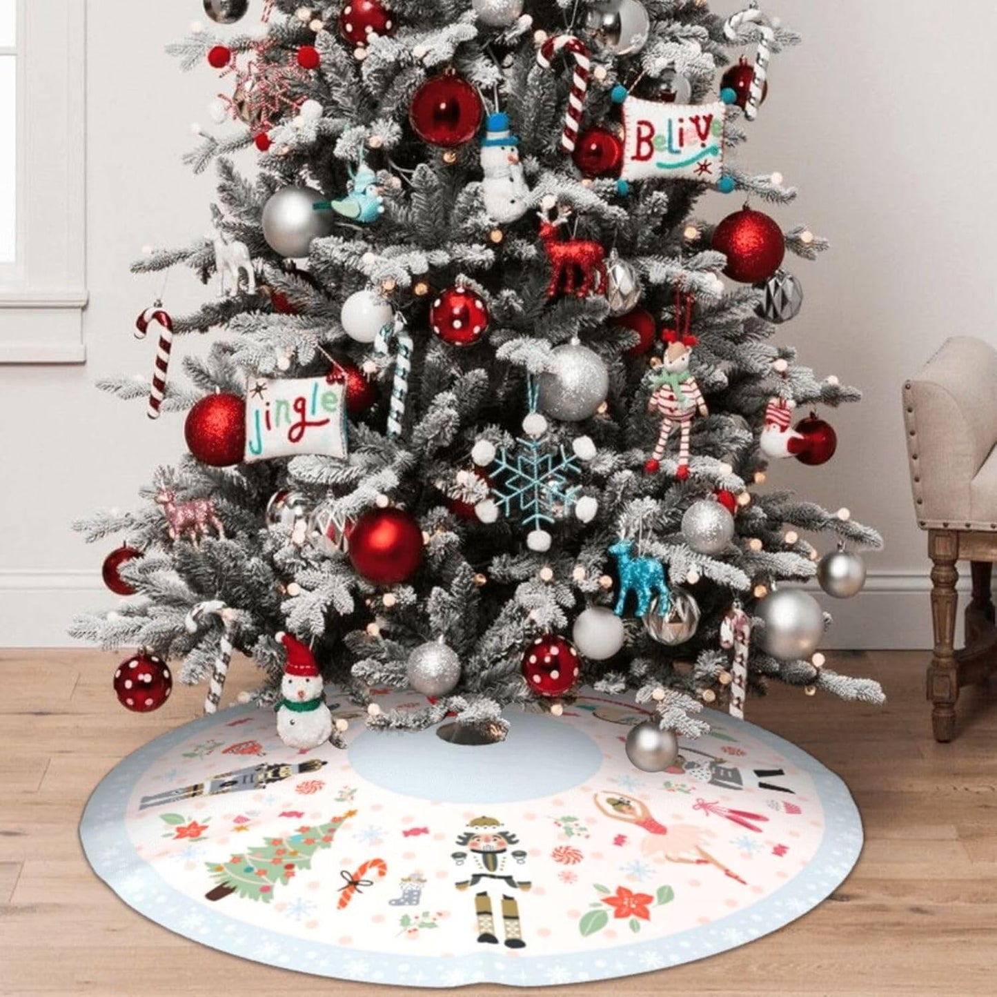 36" Cute Nutcracker Christmas Tree Skirt, Pink Sweet Candy Snowflakes Tree Mat Base Cover for Xmas Festive Holiday Party Decoration Ornaments