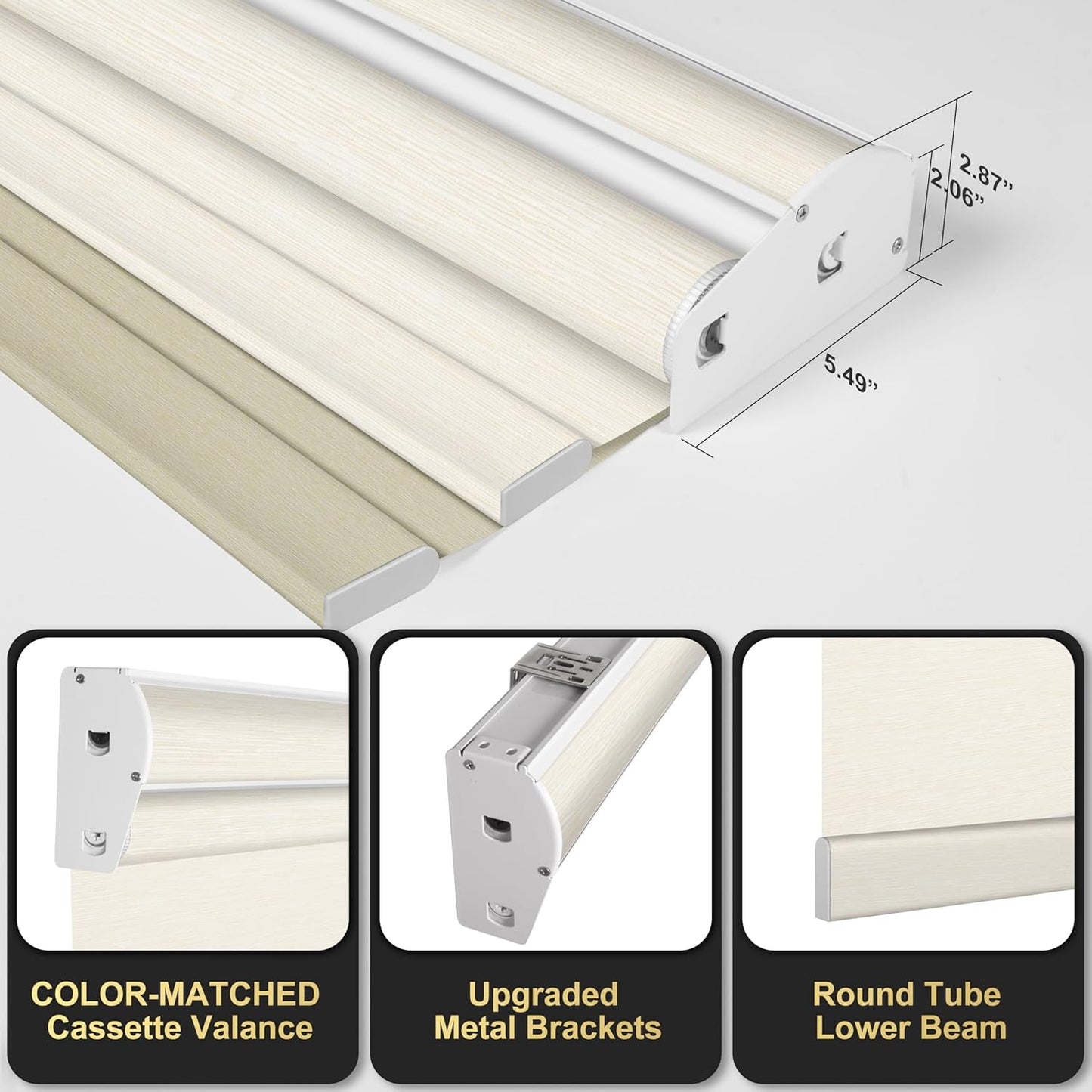 BERISSA Dual Roller Shades with Cassette Valance - Blackout and Light Filtering Shades - Day and Night for Home Office Door. Striped Jacquard Beige. 62 W x 44" H