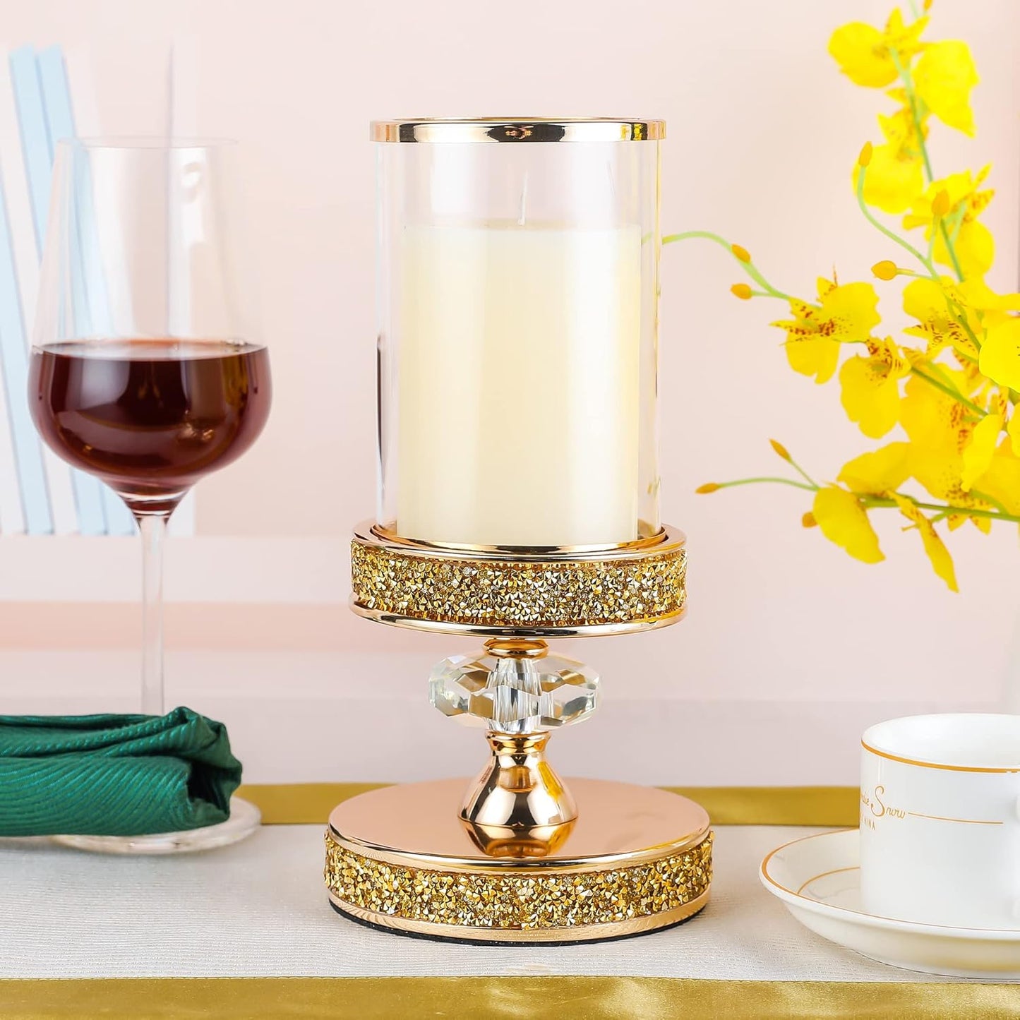 Crystal Pillar Candle Holder with Glass Shade, Gold Metal Base (S)