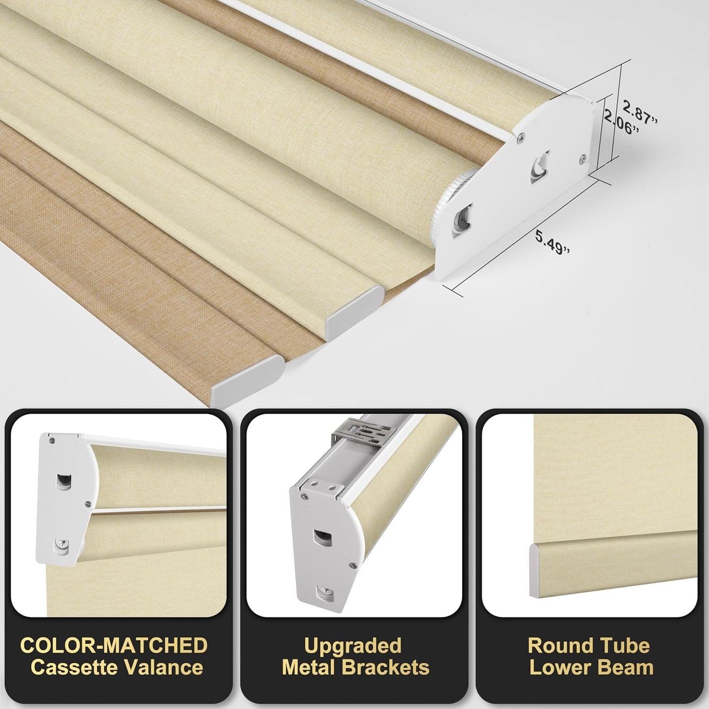 BERISSA Cordless Dual Roller Shades with Cassette Valance - Blackout and Light Filtering Day and Night Linen Beige Roller Shades for Home Office Door 68 W x 64" H
