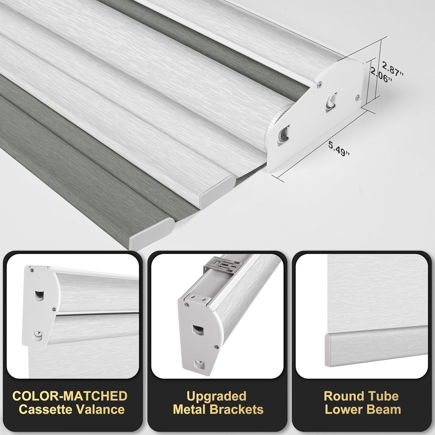 BERISSA Cordless Dual Roller Shades with Cassette Valance - Double Blackout and Light Filtering Shades for Home Office, Door. Grey and White. 58 W x 48" H