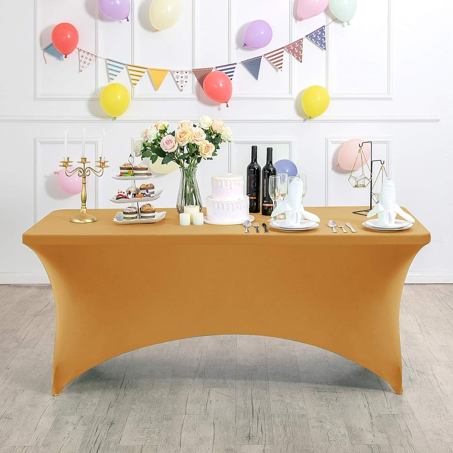 2Pack Spandex Table Cover for 8FT or 4ft or 6ft Table Universal Fitted Stretch Tablecloth for Party, Banquet, Wedding and Events-Gold