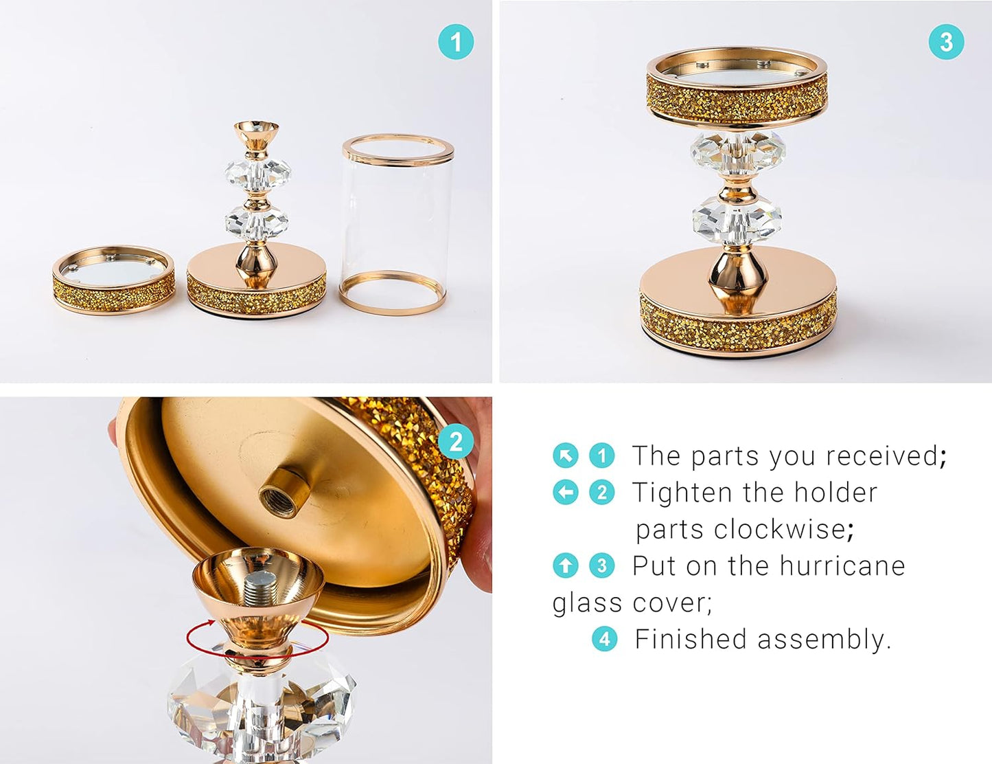 Crystal Pillar Candle Holder with Glass Shade, Gold Metal Base (M)