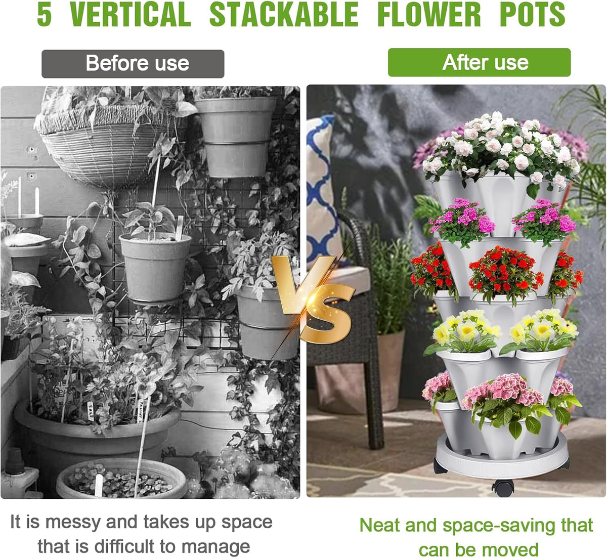 Vertical Strawberry Planter 5 Tier Stackable Tower Herb Planters-Stacking Garden Outdoor Planter Pot with Tools Mover for Succulents, Vegetables and Flowers