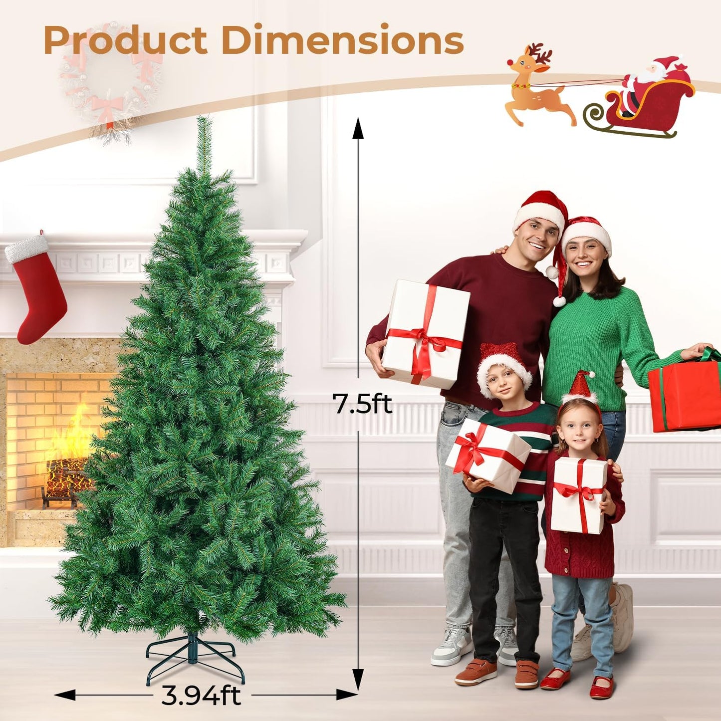 7.5 ft Artificial Christmas Tree with 1300 Branch Tips, Holiday Xmas Tree with Foldable Base and Easy Assembly, Outdoor Christmas Trees for Yard Porch Home Office Party Decoration, Green