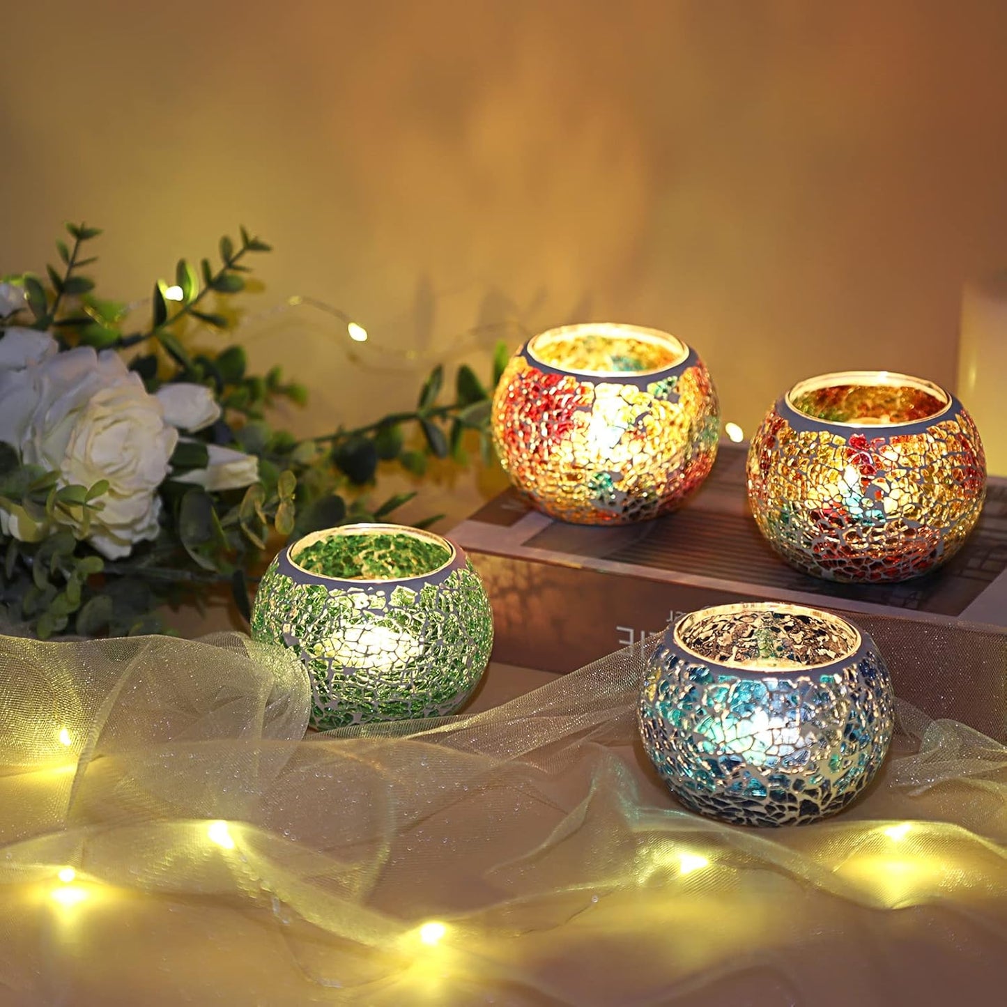 Multicolor Mosaic Glass Tealight Holders Set
