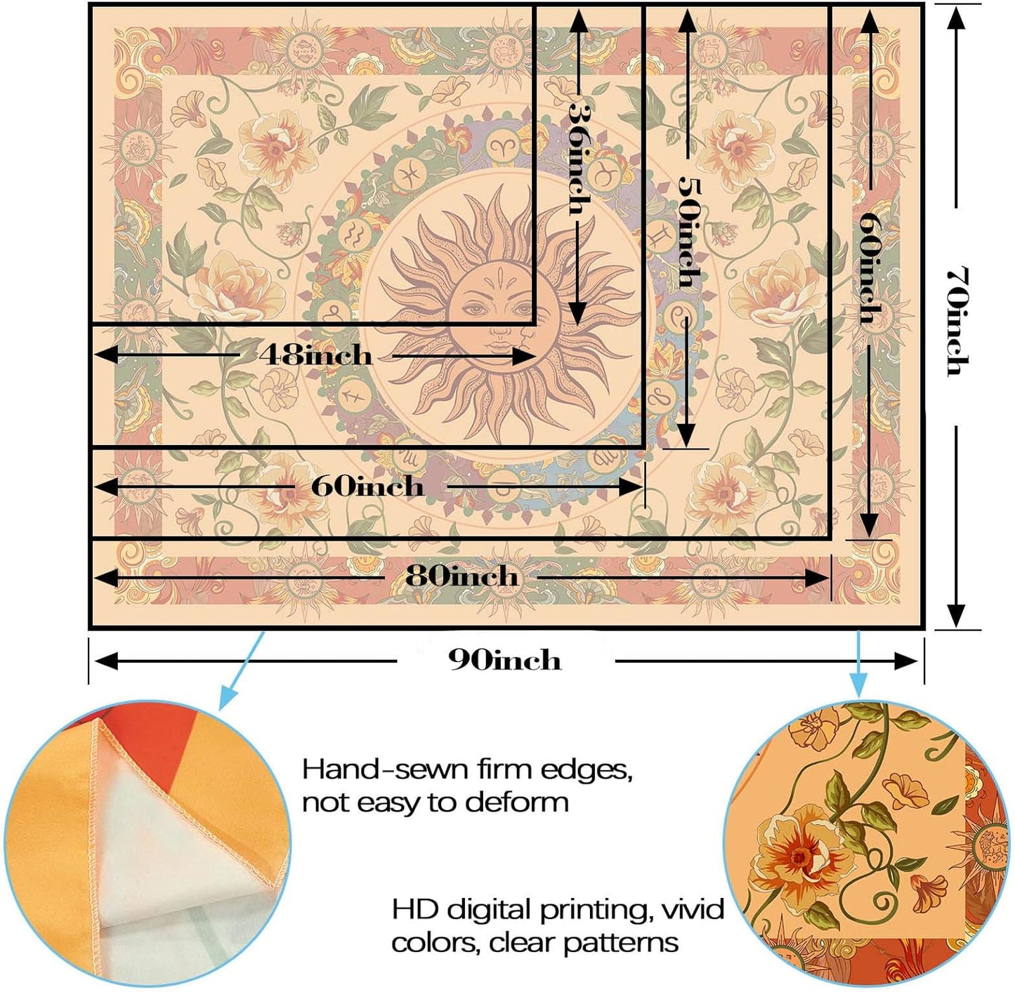 Aipon Yellow Sun and Moon Tapestry Hippie Indie Tapestries Boho Orange Flower Floral Tapestry Wall Hanging Cool Vintage Aesthetic Wall Tapestry for Bedroom Living Room Dorm (80'' ร 60'', Orange)