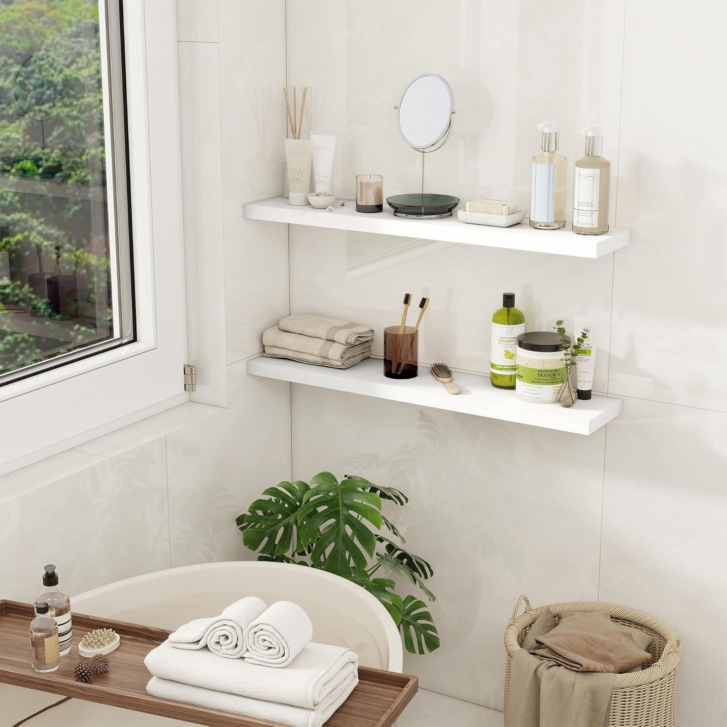 Fun Memories 32” Floating Wall Shelves Set of 2 — Modern Wood Picture Ledge Shelves for Living Room, Bedroom & Kitchen Storage