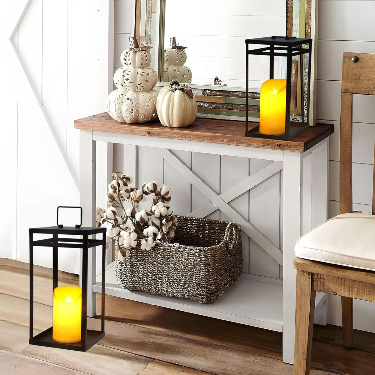 Modern Black Metal Lantern Set (2-Pack) with Flameless LED Candles