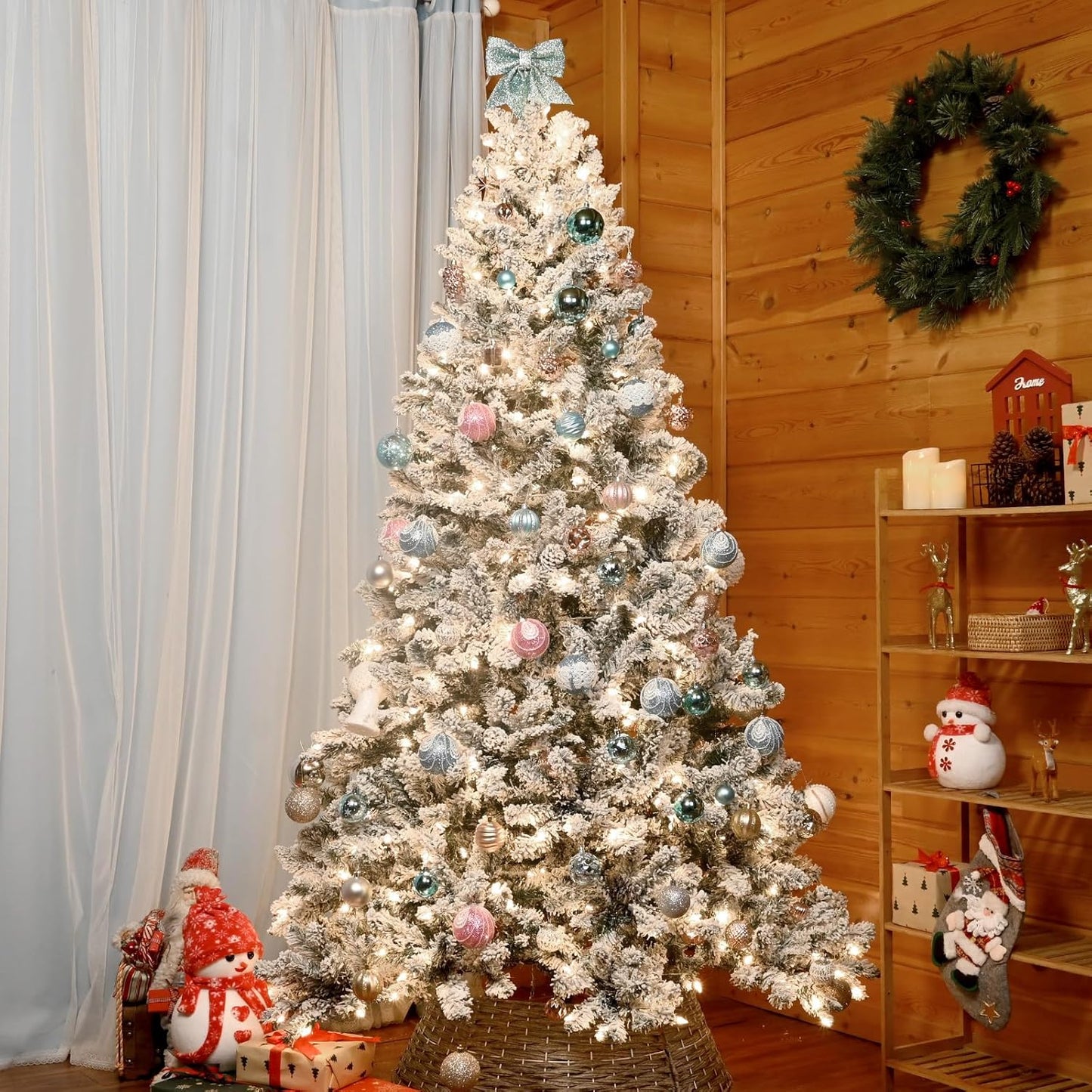 6ft Pre-lit Christmas Tree, Flocked Christmas Tree with 350 UL Lights & Pine Cones & 888 Tips, Snow Frosted Artificial Christmas Tree Prelit, Auto Hinged Spruce Xmas Tree for Holiday Decor