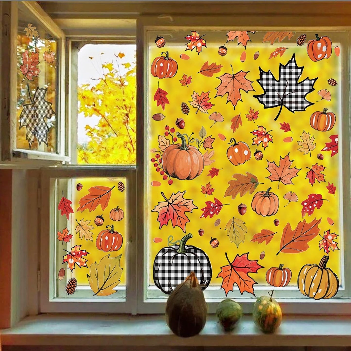 8 Sheets Fall Decorations, 178 Pcs Fall Window Clings, Double Sided Autumn Stickers with Maple Leaves Pumpkin Nuts Pine Cones for Party Thanksgiving Decor Indoor Outdoor Accessories